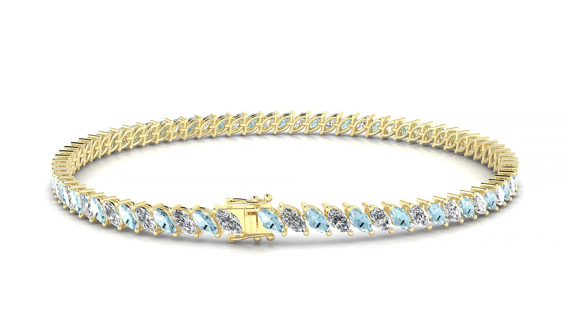 Venezia 1-1 | 18k Yellow Gold 4 x 2 mm Marquise Natural Aquamarine & Diamond 20 cm Tennis Bracelet