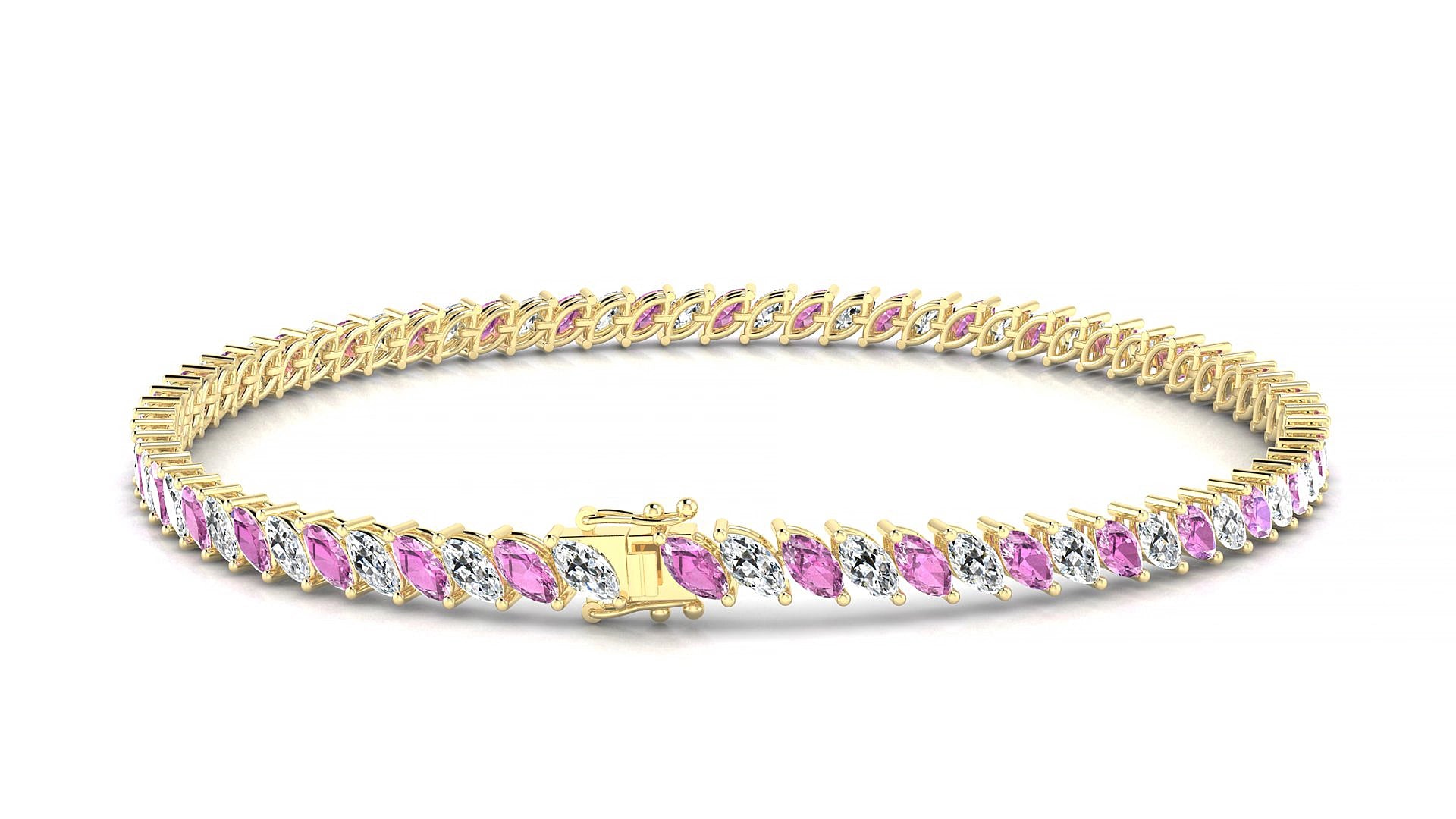 Venezia 1-1 | 18k Yellow Gold 4 x 2 mm Marquise Natural Pink Sapphire & Diamond 20 cm Tennis Bracelet
