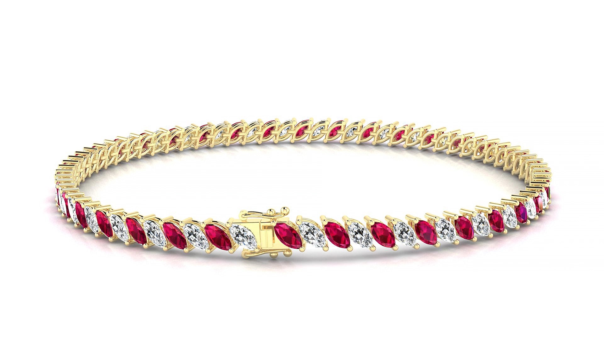 Venezia 1-1 | 18k Yellow Gold 4 x 2 mm Marquise Natural Ruby & Diamond 15 cm Tennis Bracelet