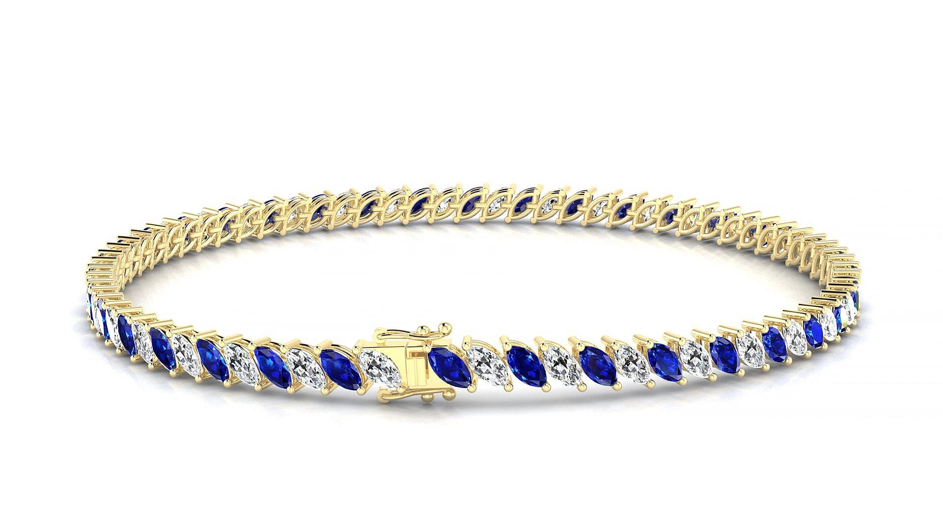 Venezia 1-1 | 18k Yellow Gold 4 x 2 mm Marquise Natural Sapphire & Diamond 15 cm Tennis Bracelet
