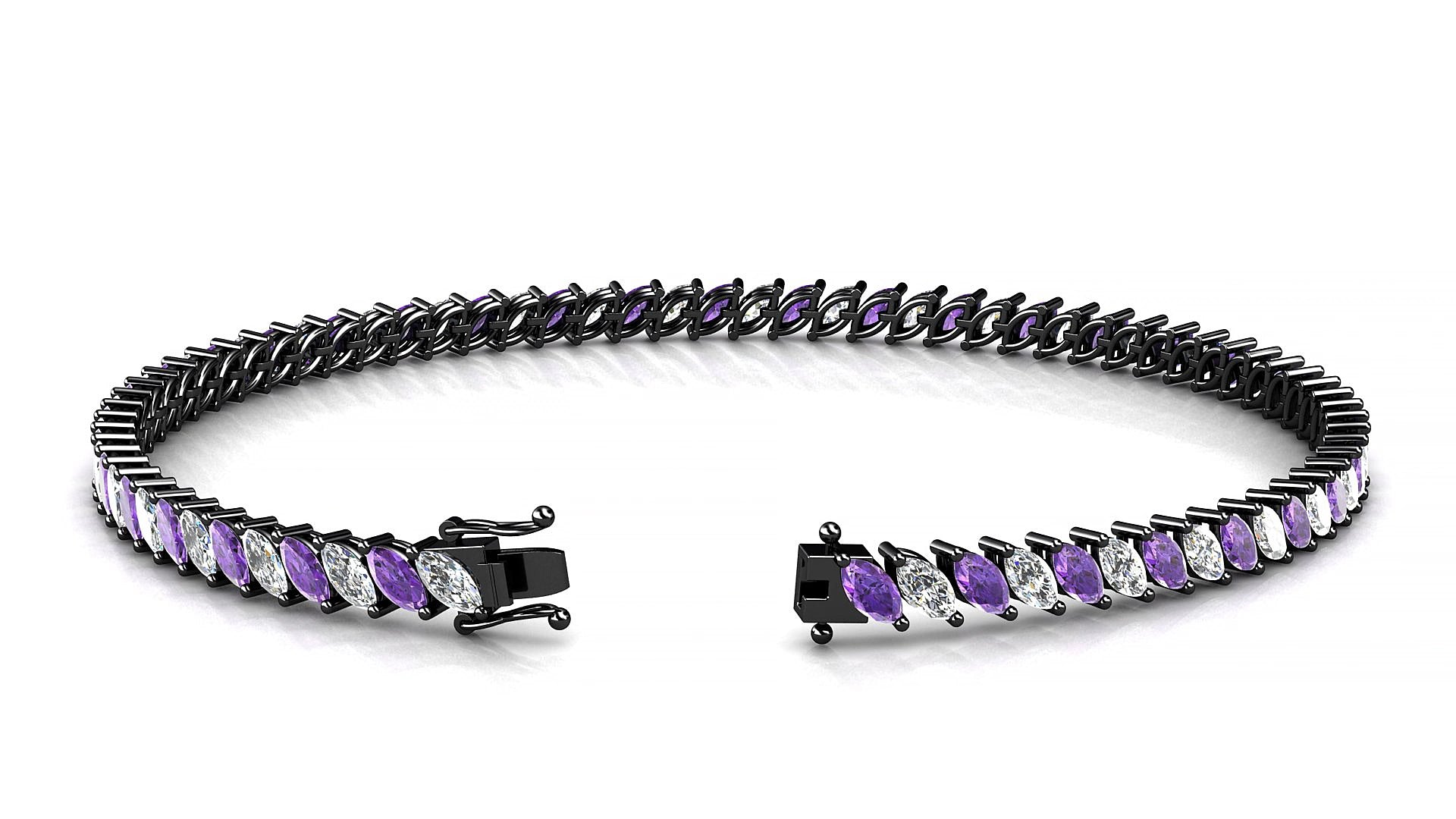 Venezia 1-1 | 18k Black Gold 4 x 2 mm Marquise Natural Amethyst & Diamond 15 cm Tennis Bracelet