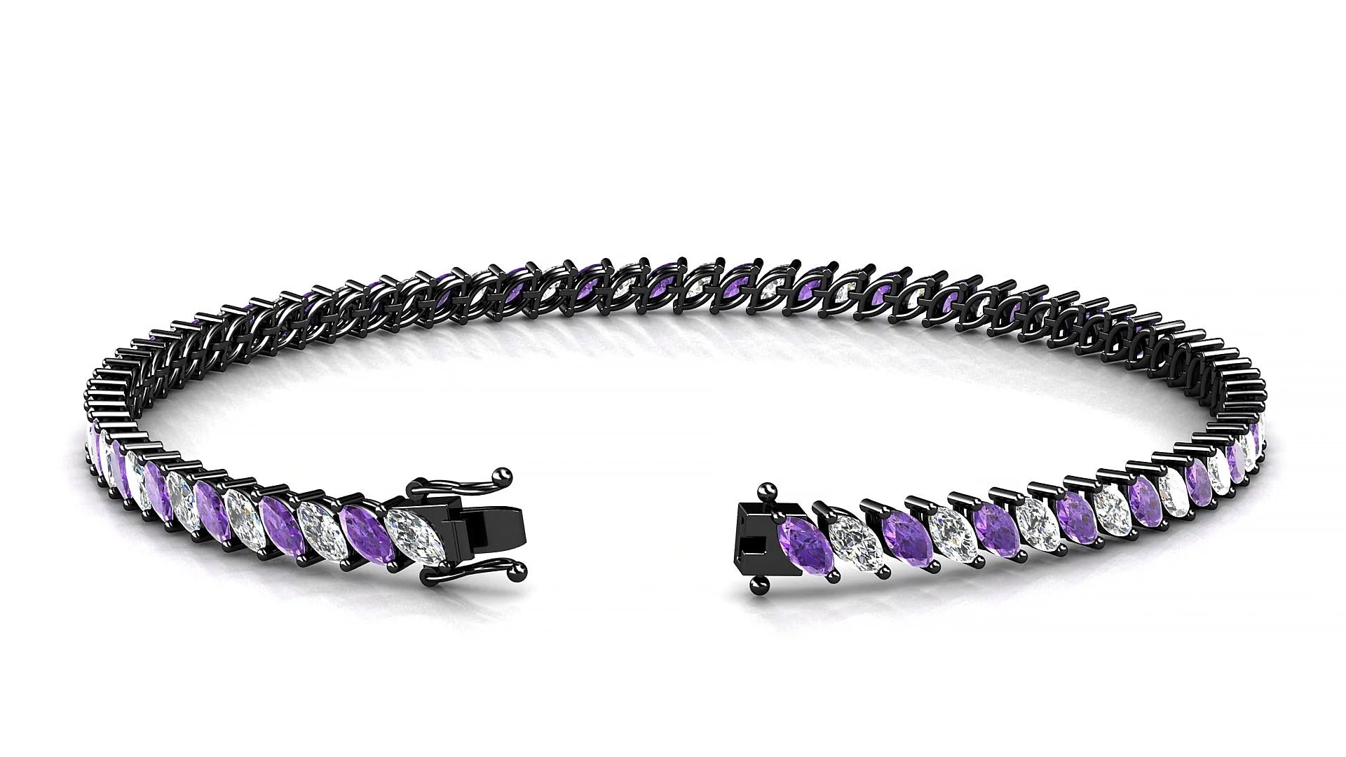 Venezia 1-1 | 18k Black Gold 4 x 2 mm Marquise Natural Amethyst & Diamond Tennis Bracelet