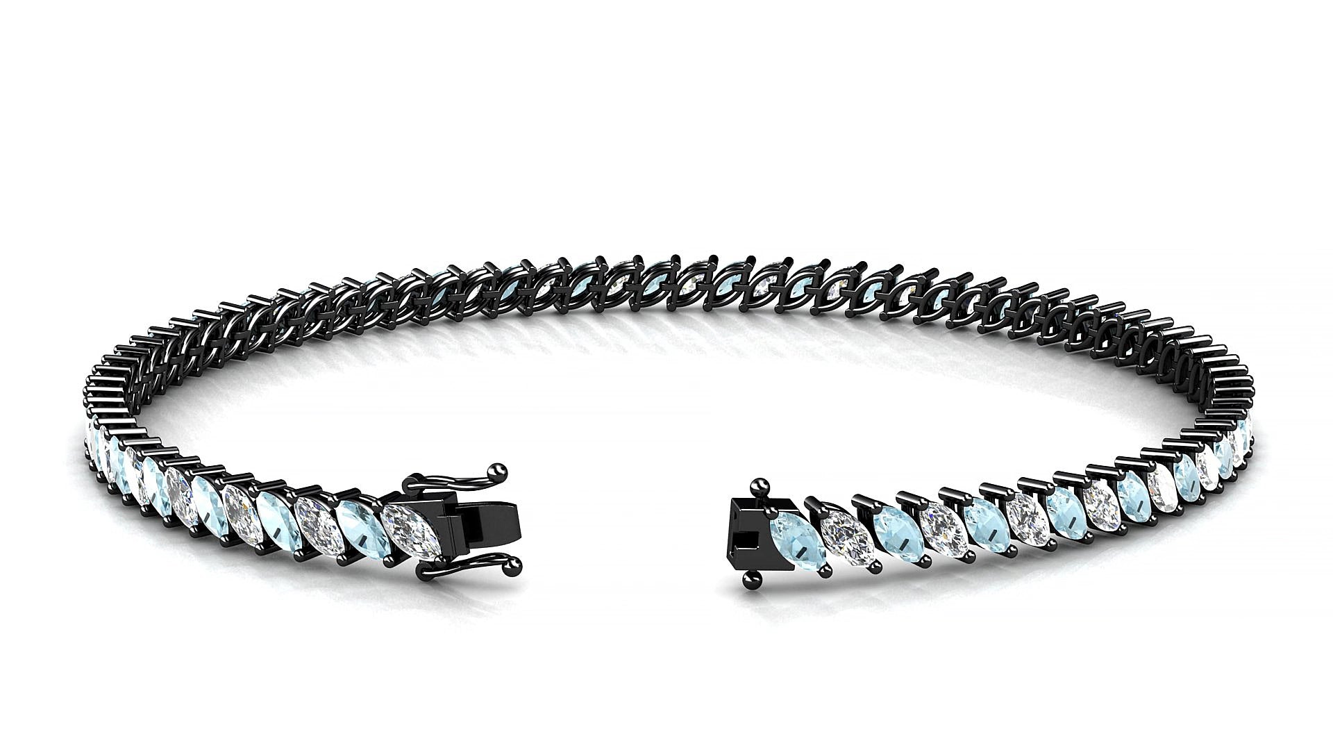 Venezia 1-1 | 18k Black Gold 4 x 2 mm Marquise Natural Aquamarine & Diamond 17 cm Tennis Bracelet