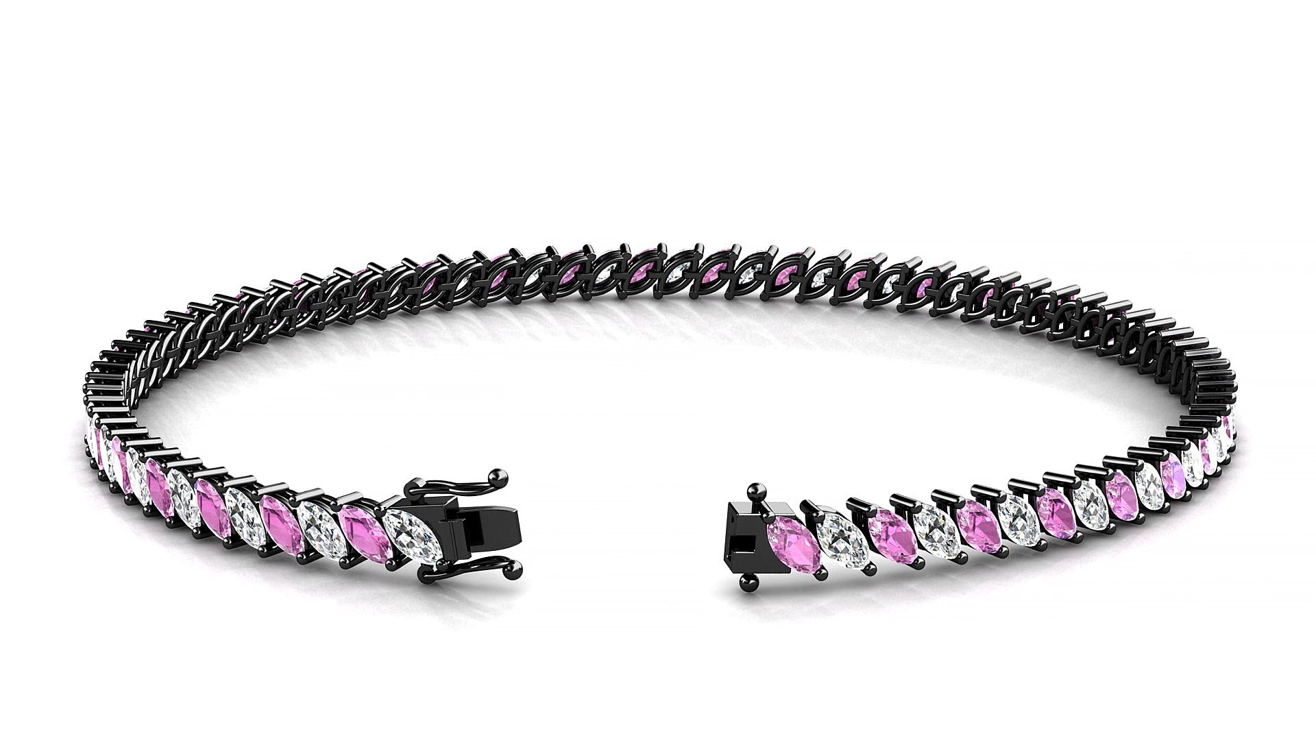 Venezia 1-1 | 18k Black Gold 4 x 2 mm Marquise Natural Pink Sapphire & Diamond 15 cm Tennis Bracelet