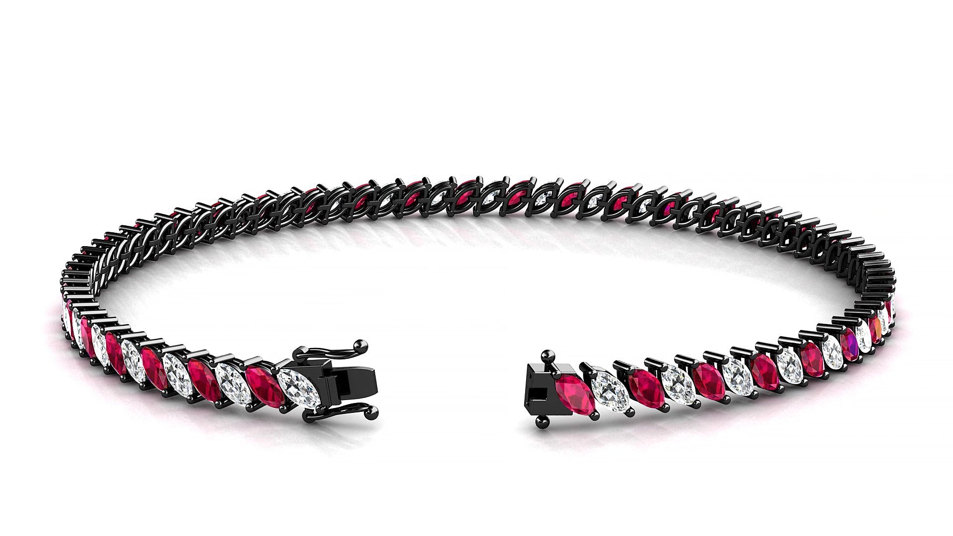 Venezia 1-1 | 18k Black Gold 4 x 2 mm Marquise Natural Ruby & Diamond 18 cm Tennis Bracelet