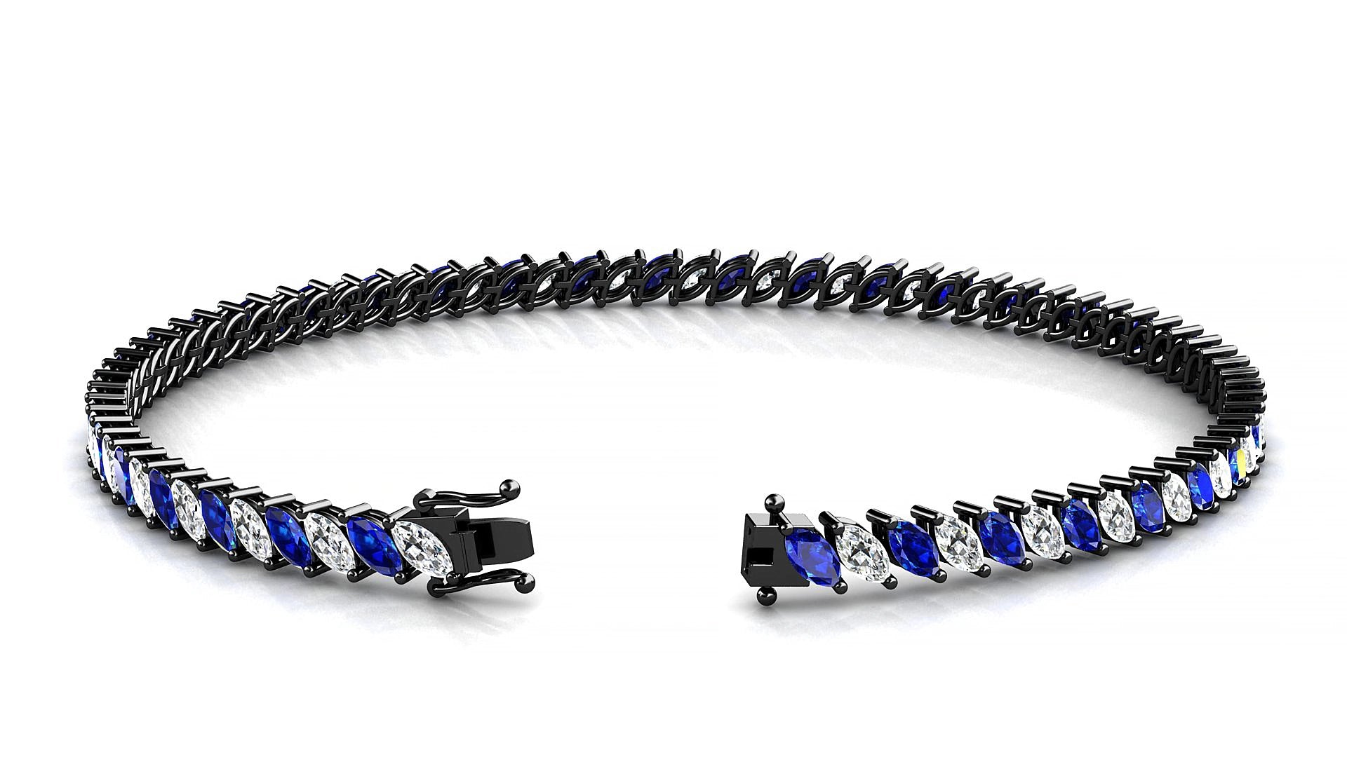 Venezia 1-1 | 18k Black Gold 4 x 2 mm Marquise Natural Sapphire & Diamond 16 cm Tennis Bracelet