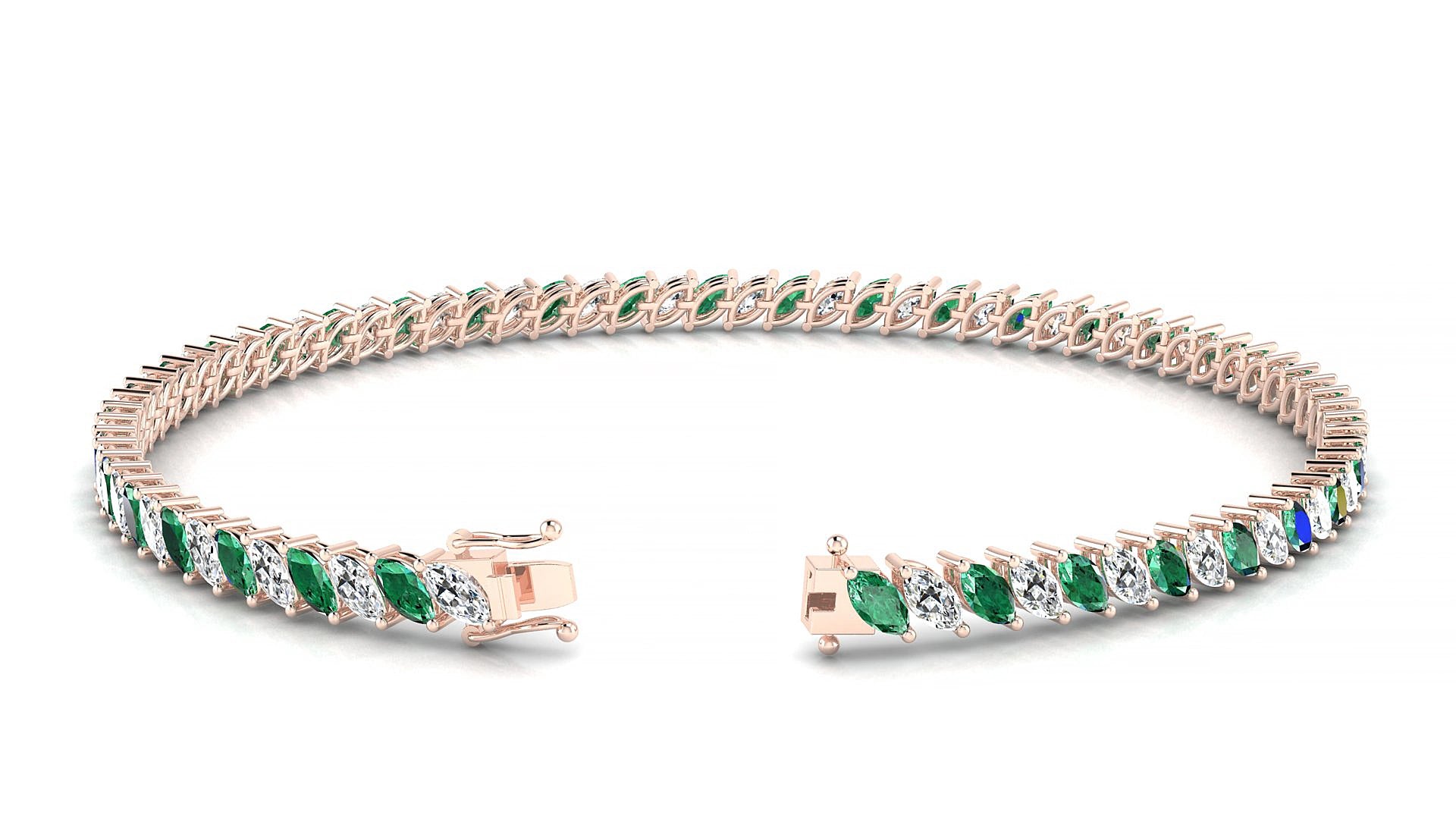 Venezia 1-1 | 18k Rose Gold 4 x 2 mm Marquise Natural Emerald & Diamond 17 cm Tennis Bracelet