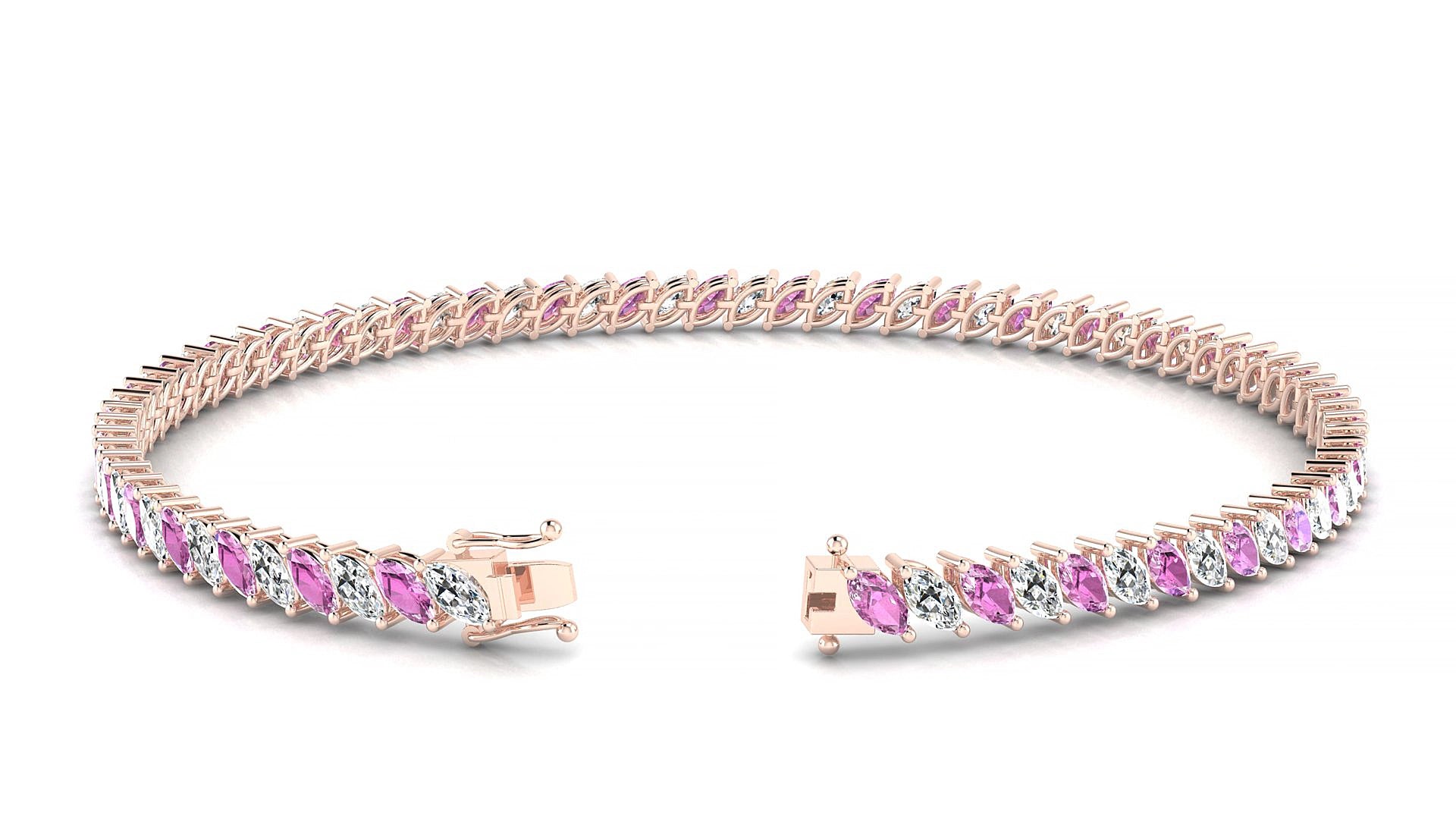 Venezia 1-1 | 18k Rose Gold 4 x 2 mm Marquise Natural Pink Sapphire & Diamond 16 cm Tennis Bracelet