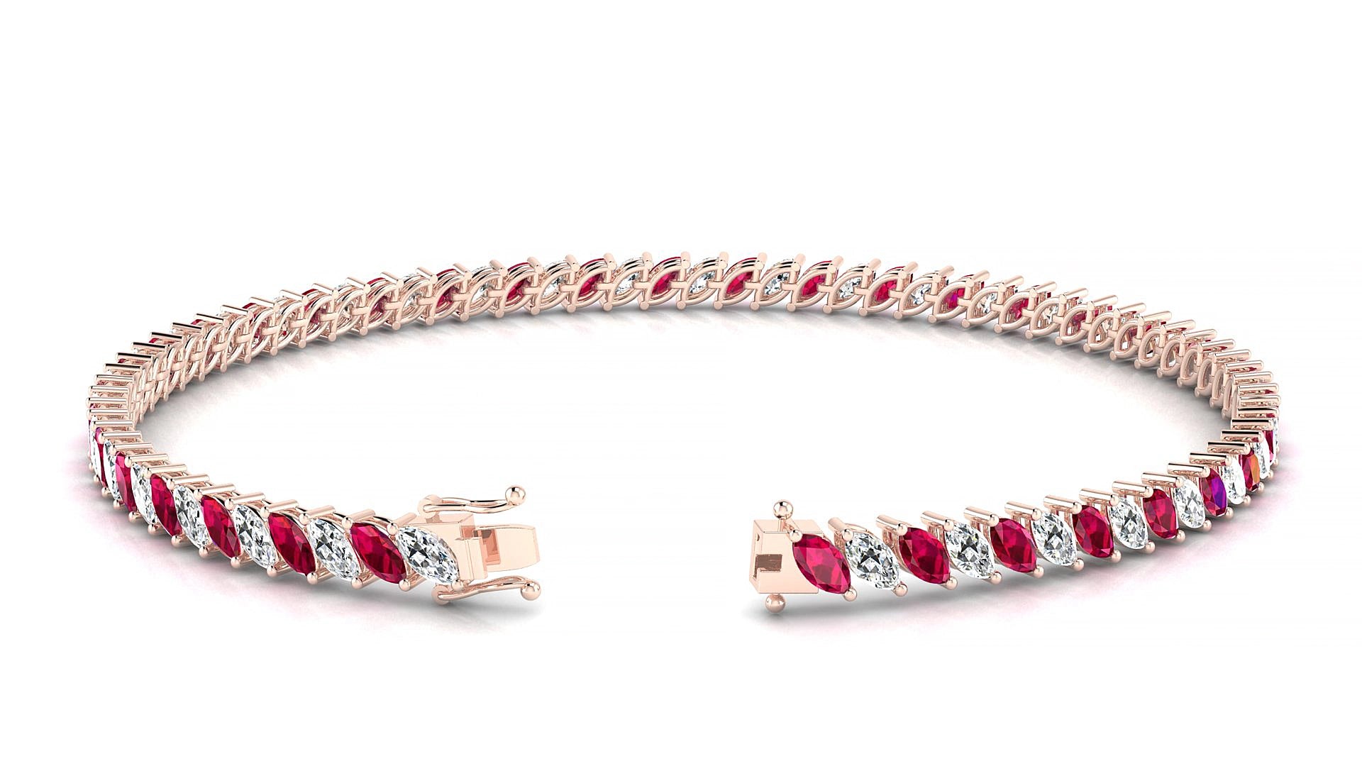 Venezia 1-1 | 18k Rose Gold 4 x 2 mm Marquise Natural Ruby & Diamond 16 cm Tennis Bracelet
