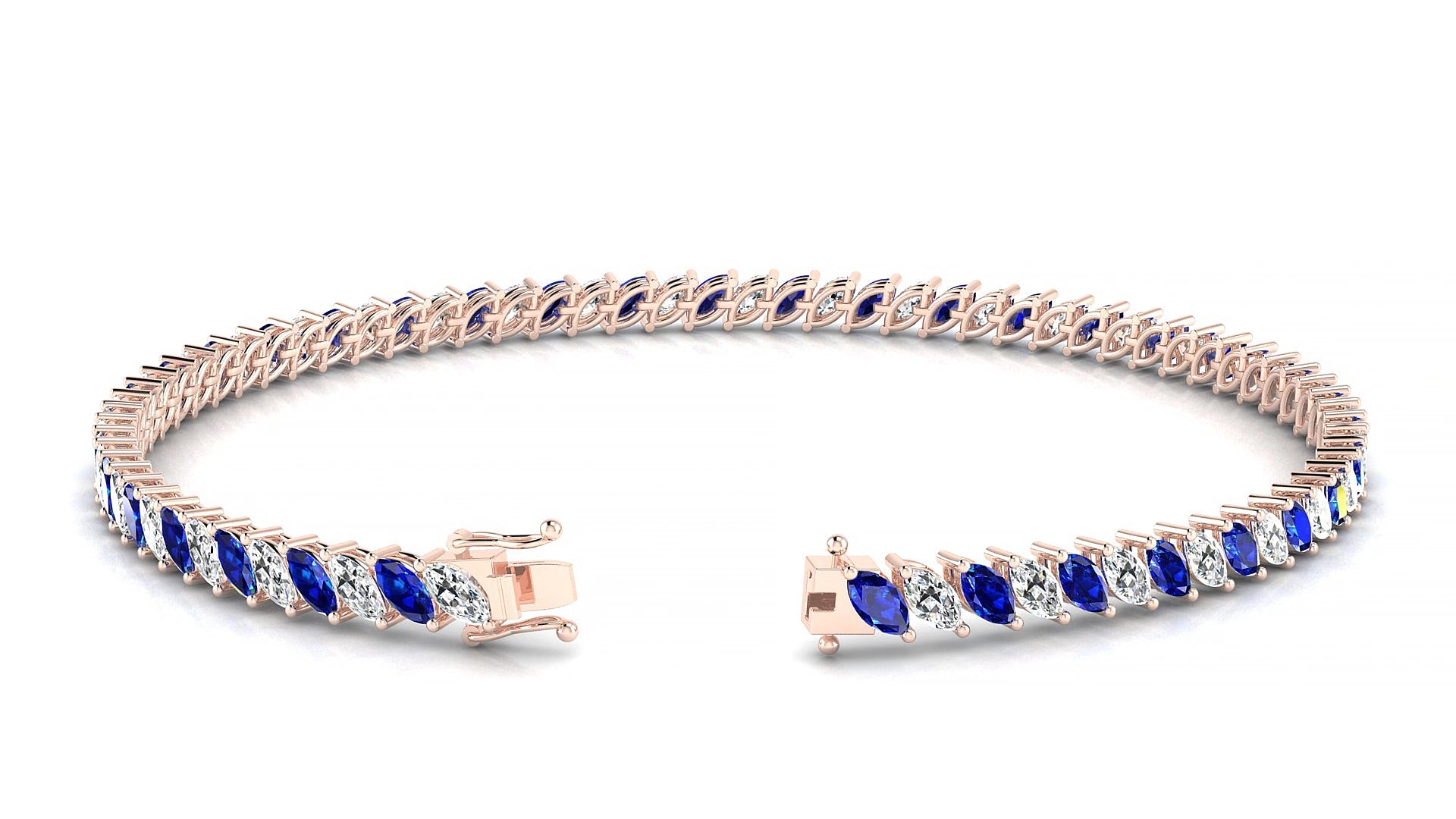 Venezia 1-1 | 18k Rose Gold 4 x 2 mm Marquise Natural Sapphire & Diamond 20 cm Tennis Bracelet