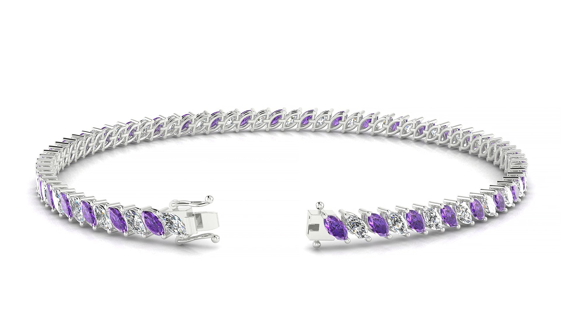 Venezia 1-1 | 18k White Gold 4 x 2 mm Marquise Natural Amethyst & Diamond 16 cm Tennis Bracelet