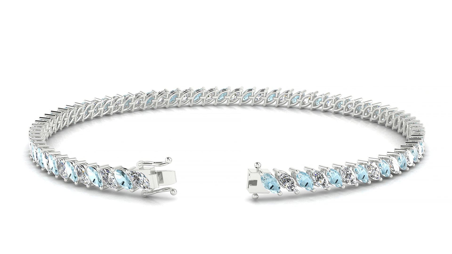 Venezia 1-1 | 18k White Gold 4 x 2 mm Marquise Natural Aquamarine & Diamond 17 cm Tennis Bracelet