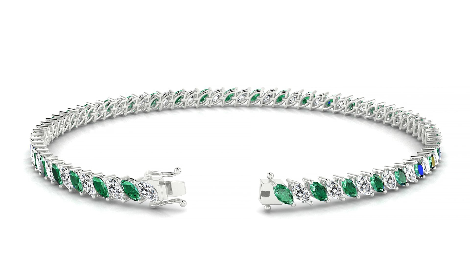 Venezia 1-1 | 18k White Gold 4 x 2 mm Marquise Natural Emerald & Diamond 18 cm Tennis Bracelet