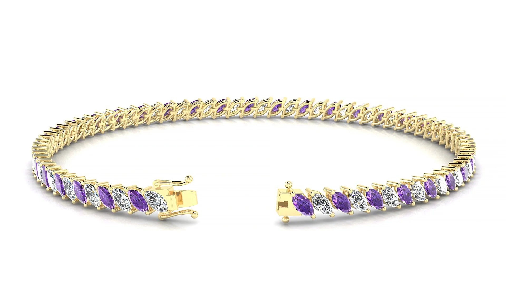 Venezia 1-1 | 18k Yellow Gold 4 x 2 mm Marquise Natural Amethyst & Diamond Tennis Bracelet