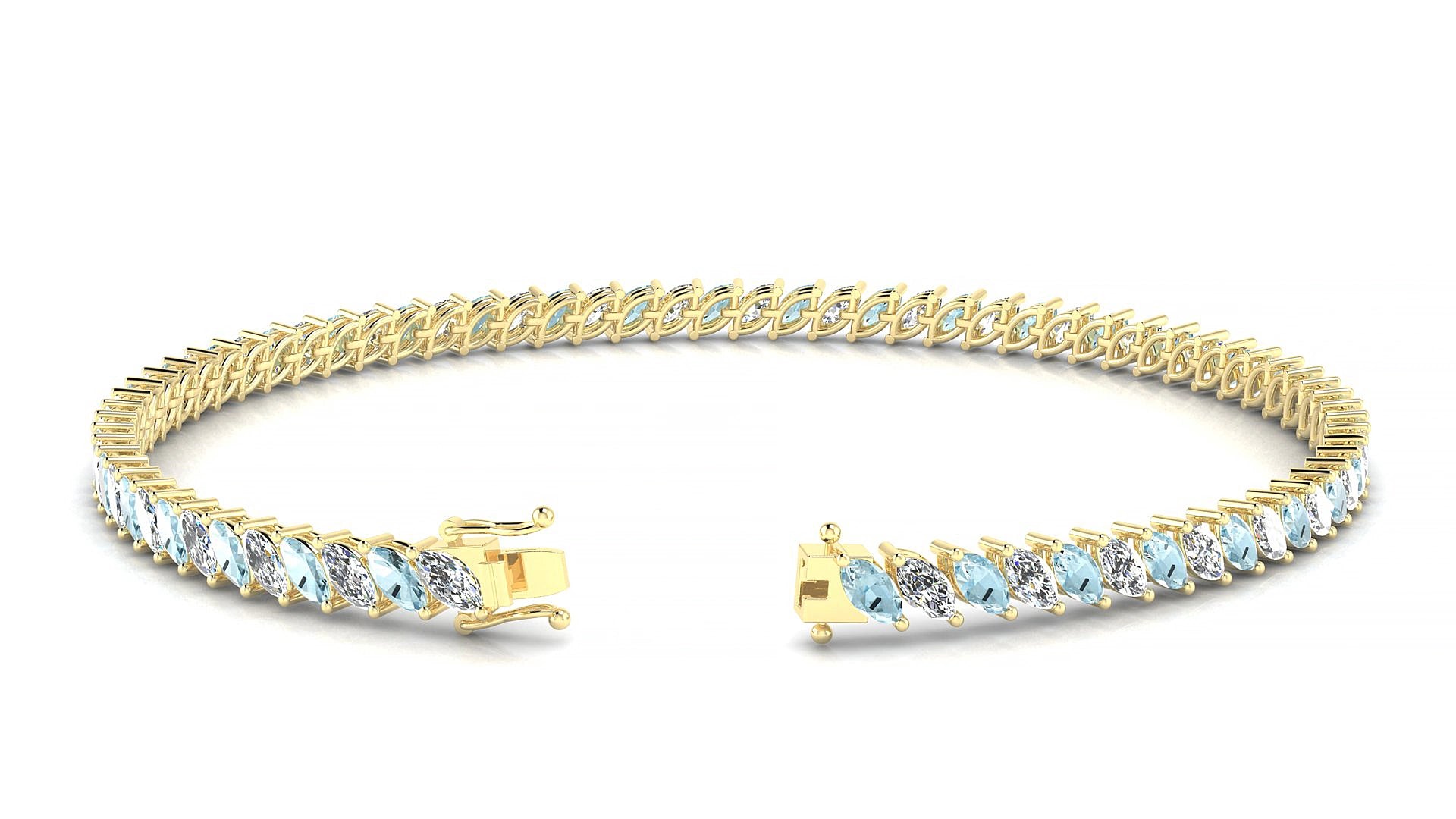 Venezia 1-1 | 18k Yellow Gold 4 x 2 mm Marquise Natural Aquamarine & Diamond 17 cm Tennis Bracelet