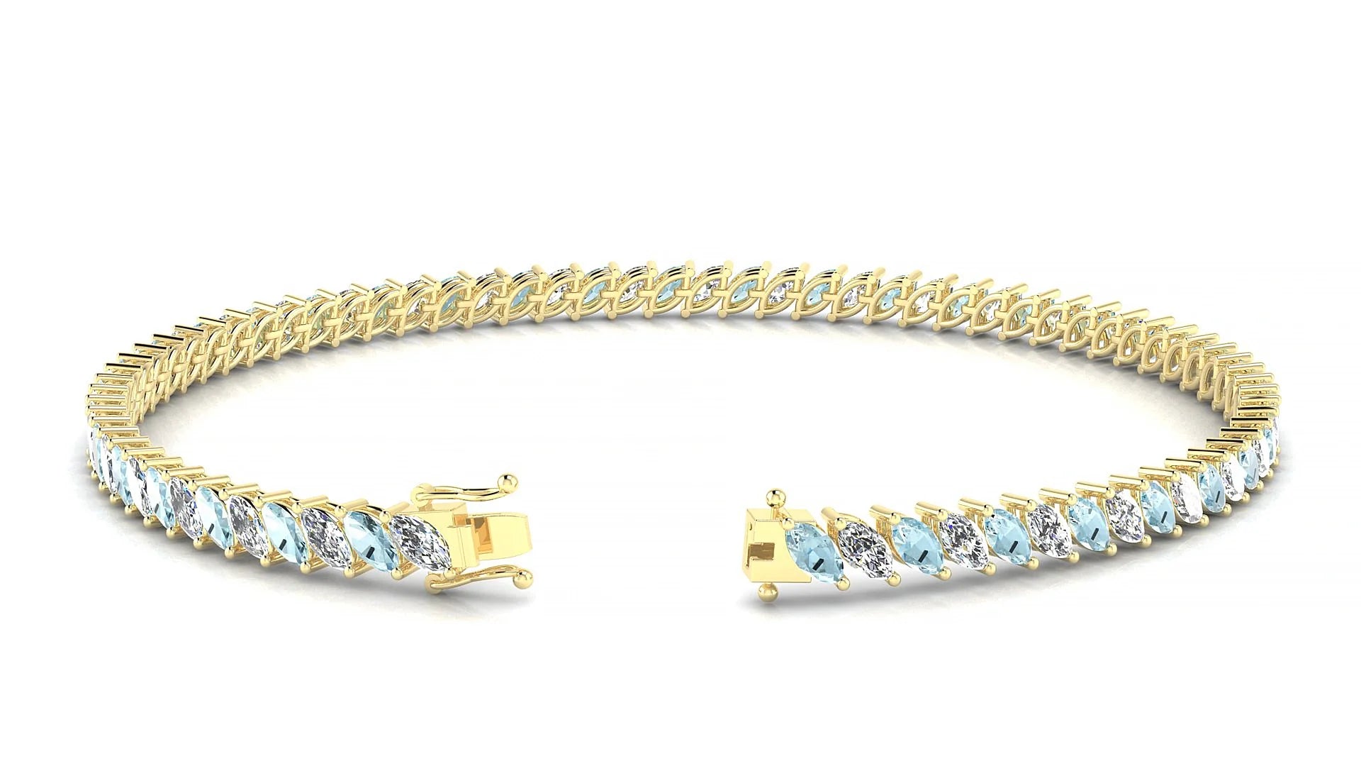 Venezia 1-1 | 18k Yellow Gold 4 x 2 mm Marquise Natural Aquamarine & Diamond Tennis Bracelet