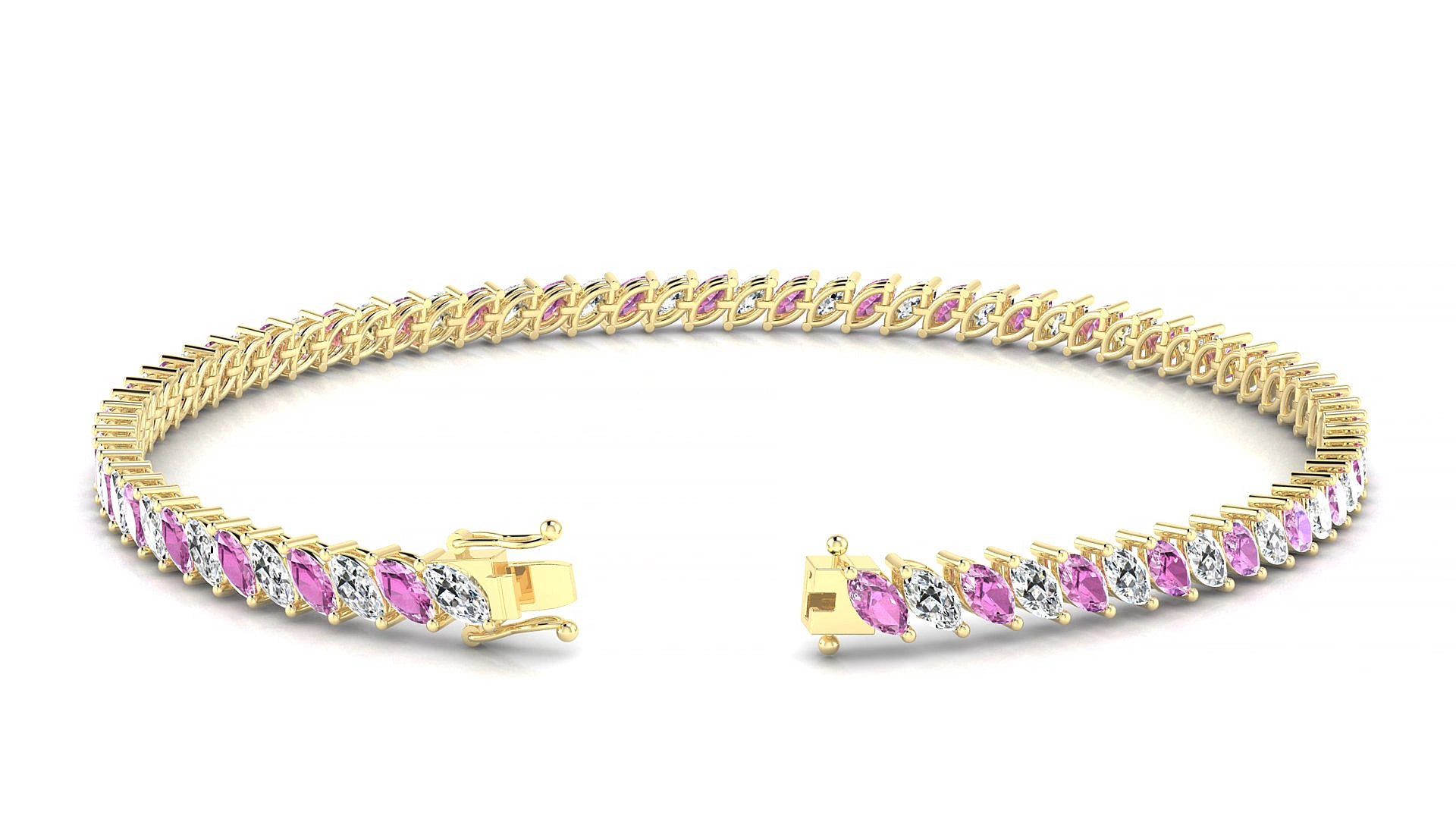 Venezia 1-1 | 18k Yellow Gold 4 x 2 mm Marquise Natural Pink Sapphire & Diamond 15 cm Tennis Bracelet