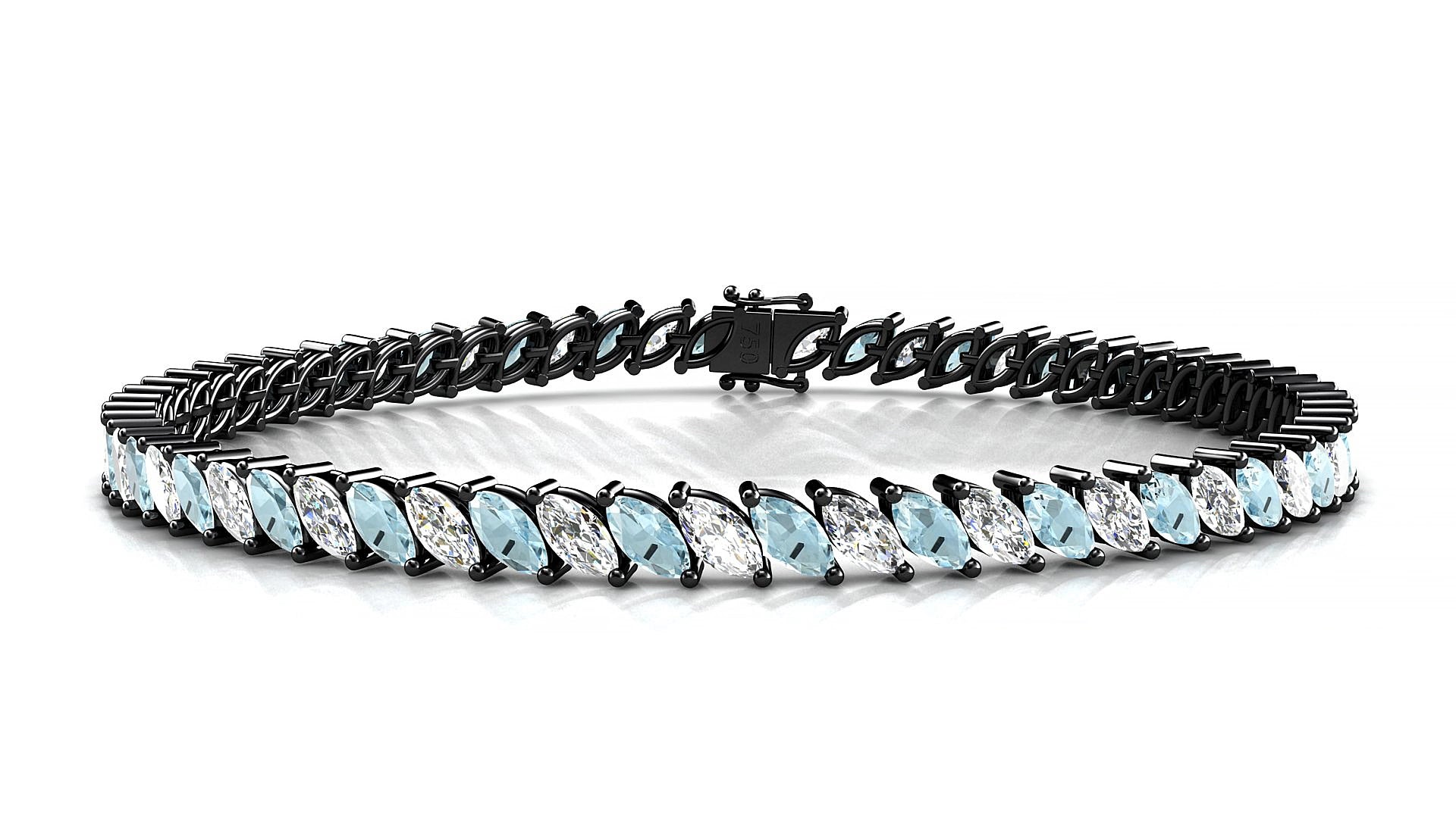 Venezia 1-1 | 18k Black Gold 5 x 2.5 mm Marquise Natural Aquamarine & Diamond 15 cm Tennis Bracelet