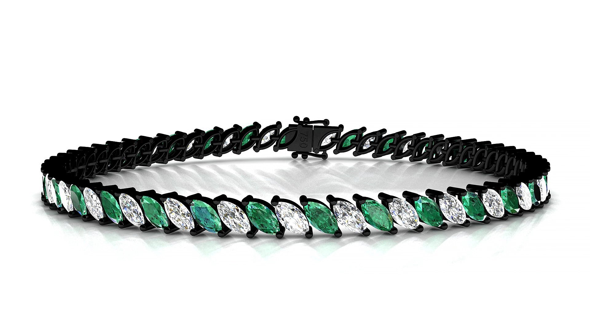 Venezia 1-1 | 18k Black Gold 5 x 2.5 mm Marquise Natural Emerald & Diamond 19 cm Tennis Bracelet