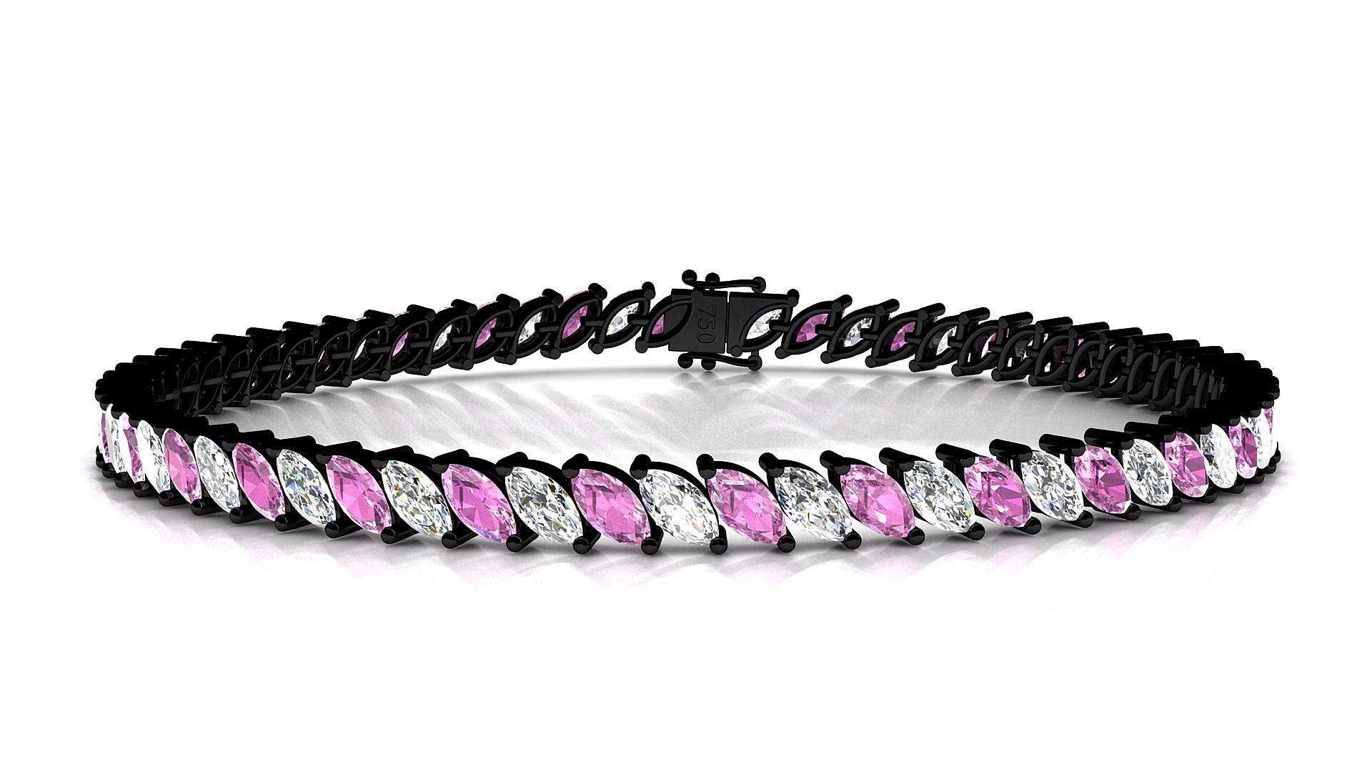 Venezia 1-1 | 18k Black Gold 5 x 2.5 mm Marquise Natural Pink Sapphire & Diamond 20 cm Tennis Bracelet