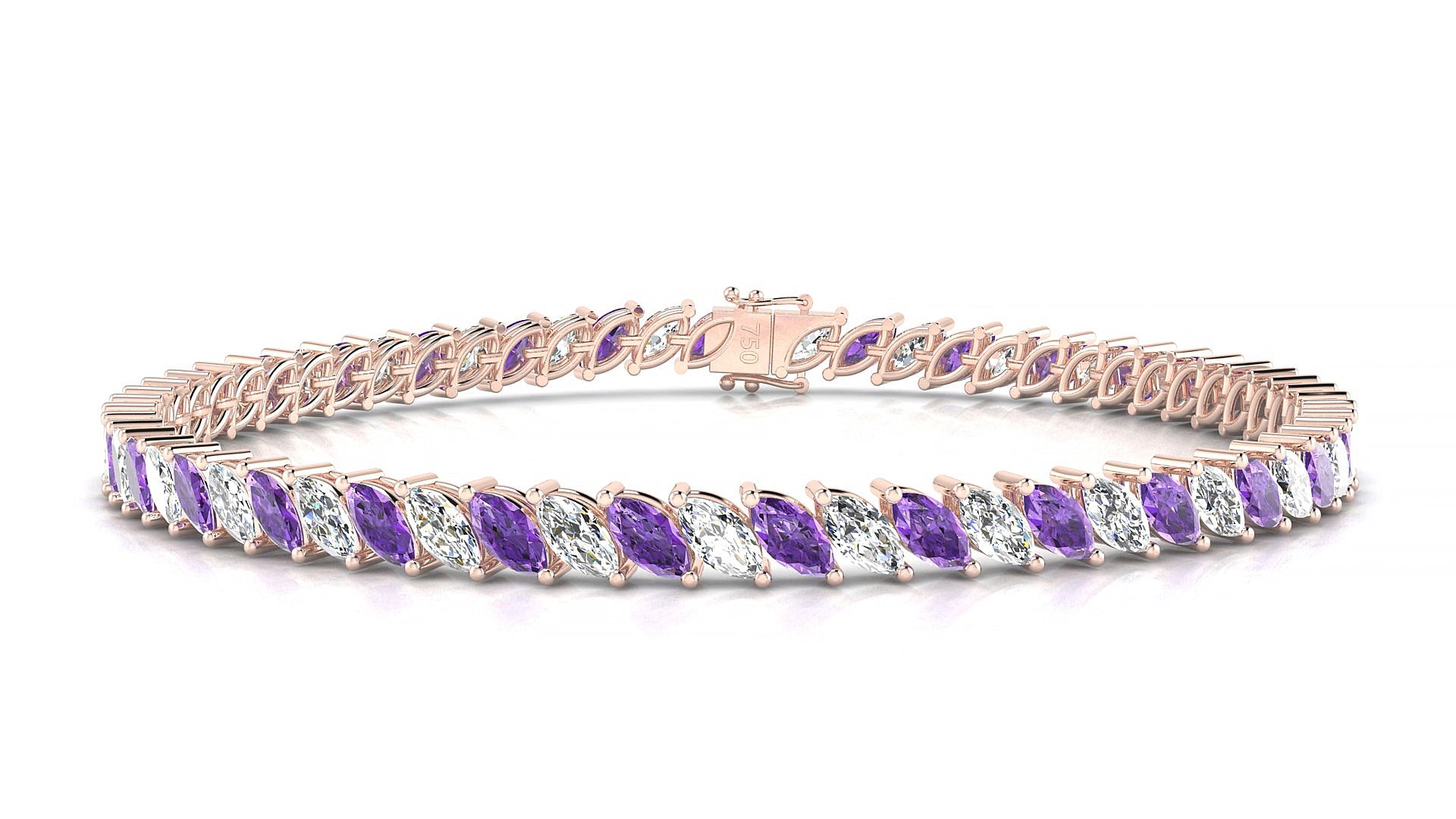 Venezia 1-1 | 18k Rose Gold 5 x 2.5 mm Marquise Natural Amethyst & Diamond 15 cm Tennis Bracelet