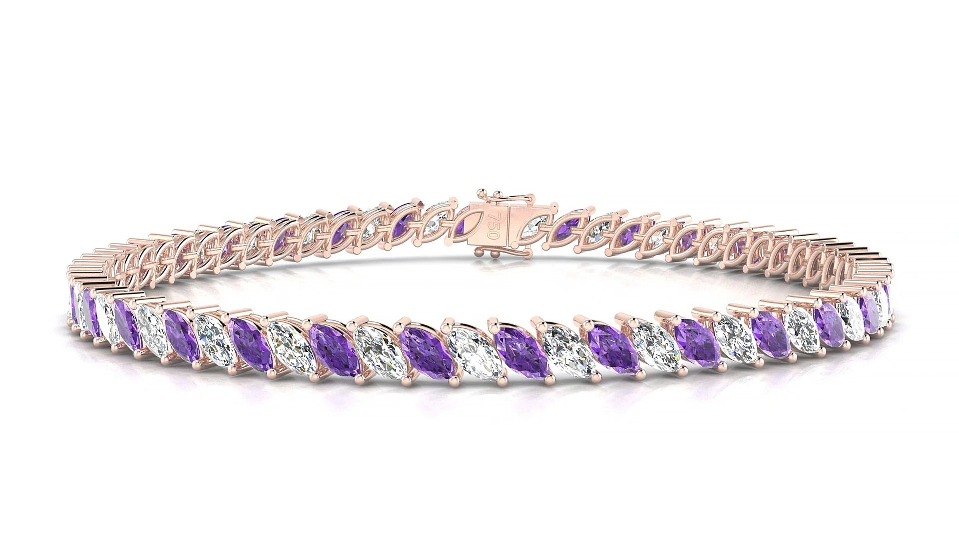 Venezia 1-1 | 18k Rose Gold 5 x 2.5 mm Marquise Natural Amethyst & Diamond Tennis Bracelet