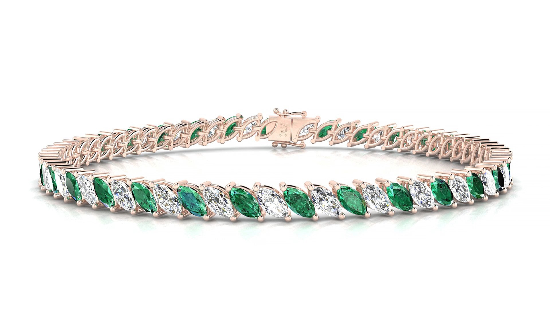 Venezia 1-1 | 18k Rose Gold 5 x 2.5 mm Marquise Natural Emerald & Diamond 15 cm Tennis Bracelet