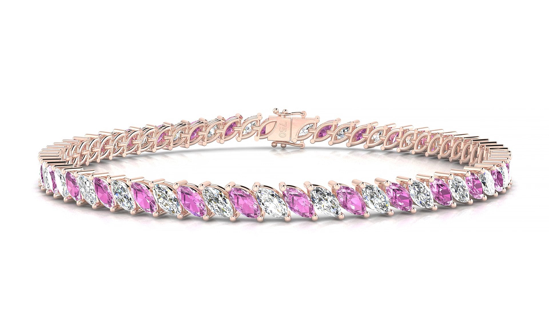 Venezia 1-1 | 18k Rose Gold 5 x 2.5 mm Marquise Natural Pink Sapphire & Diamond 16 cm Tennis Bracelet