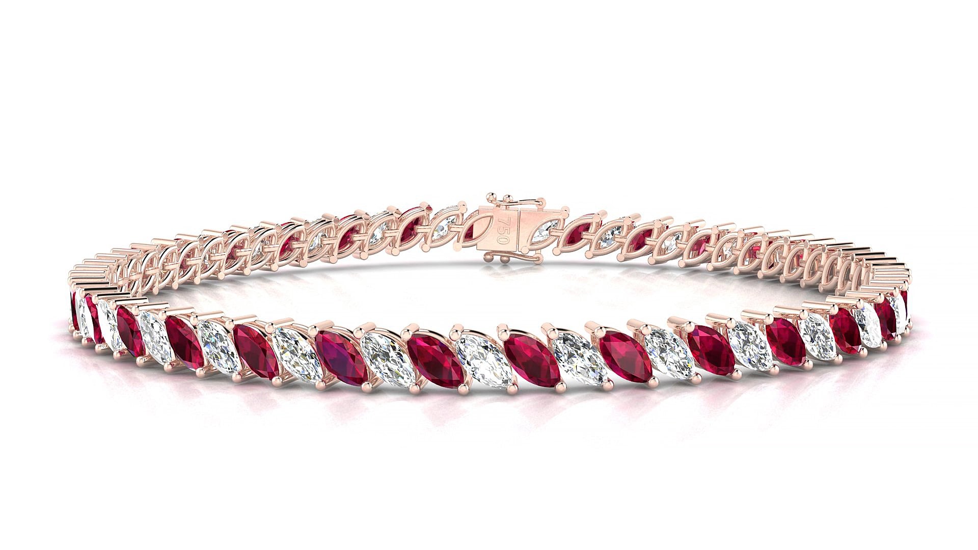 Venezia 1-1 | 18k Rose Gold 5 x 2.5 mm Marquise Natural Ruby & Diamond 16 cm Tennis Bracelet