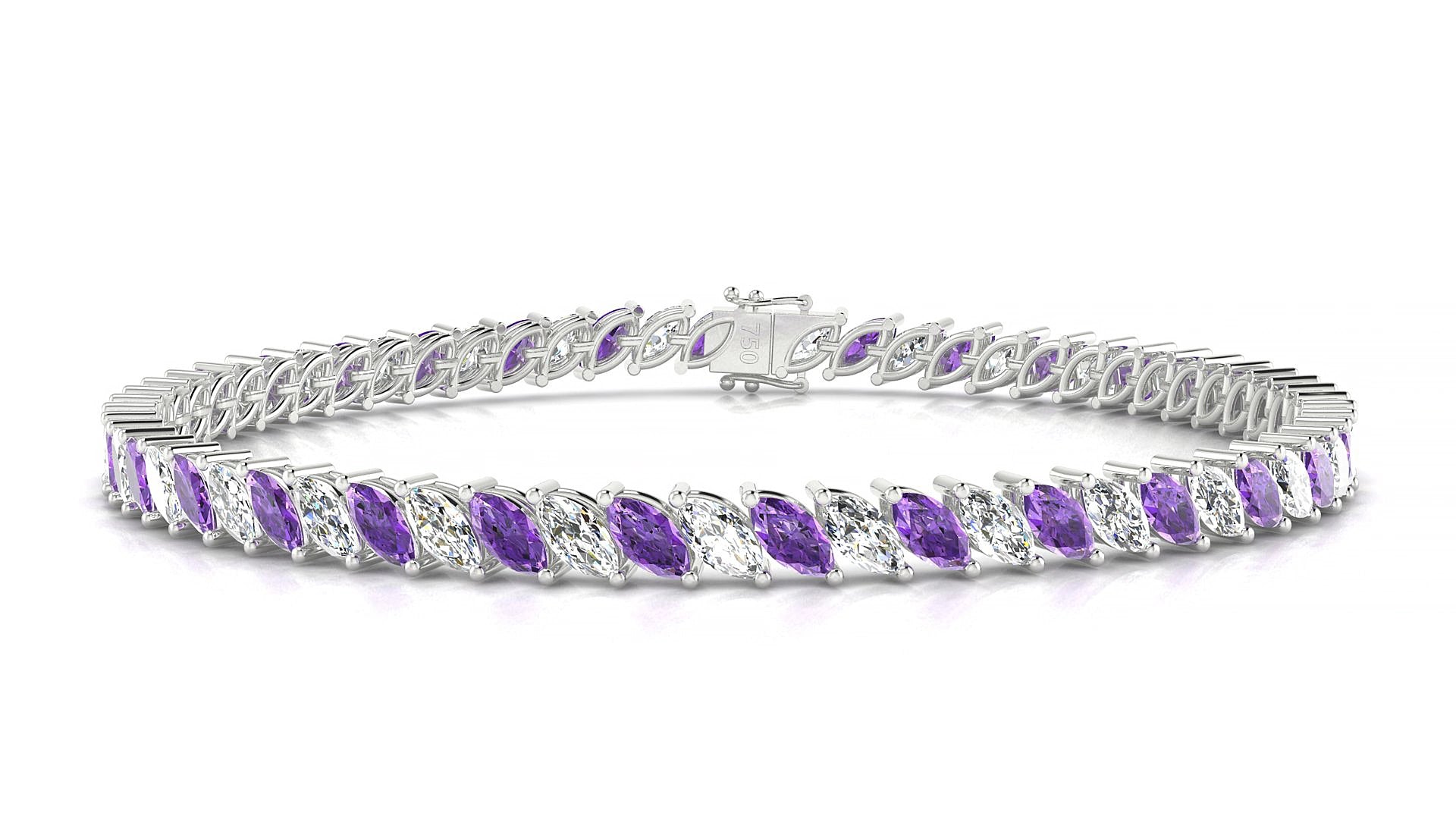 Venezia 1-1 | 18k White Gold 5 x 2.5 mm Marquise Natural Amethyst & Diamond 19 cm Tennis Bracelet