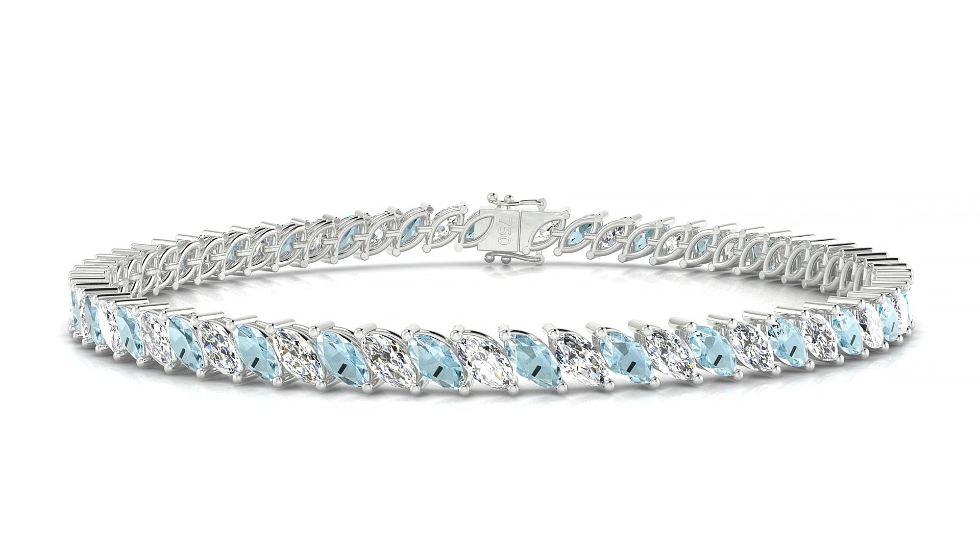 Venezia 1-1 | 18k White Gold 5 x 2.5 mm Marquise Natural Aquamarine & Diamond 15 cm Tennis Bracelet