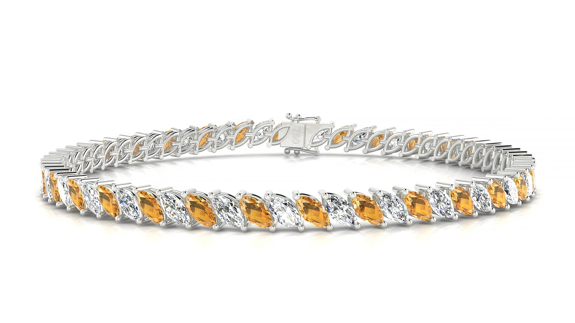 Venezia 1-1 | 18k White Gold 5 x 2.5 mm Marquise Natural Citrine & Diamond 17 cm Tennis Bracelet