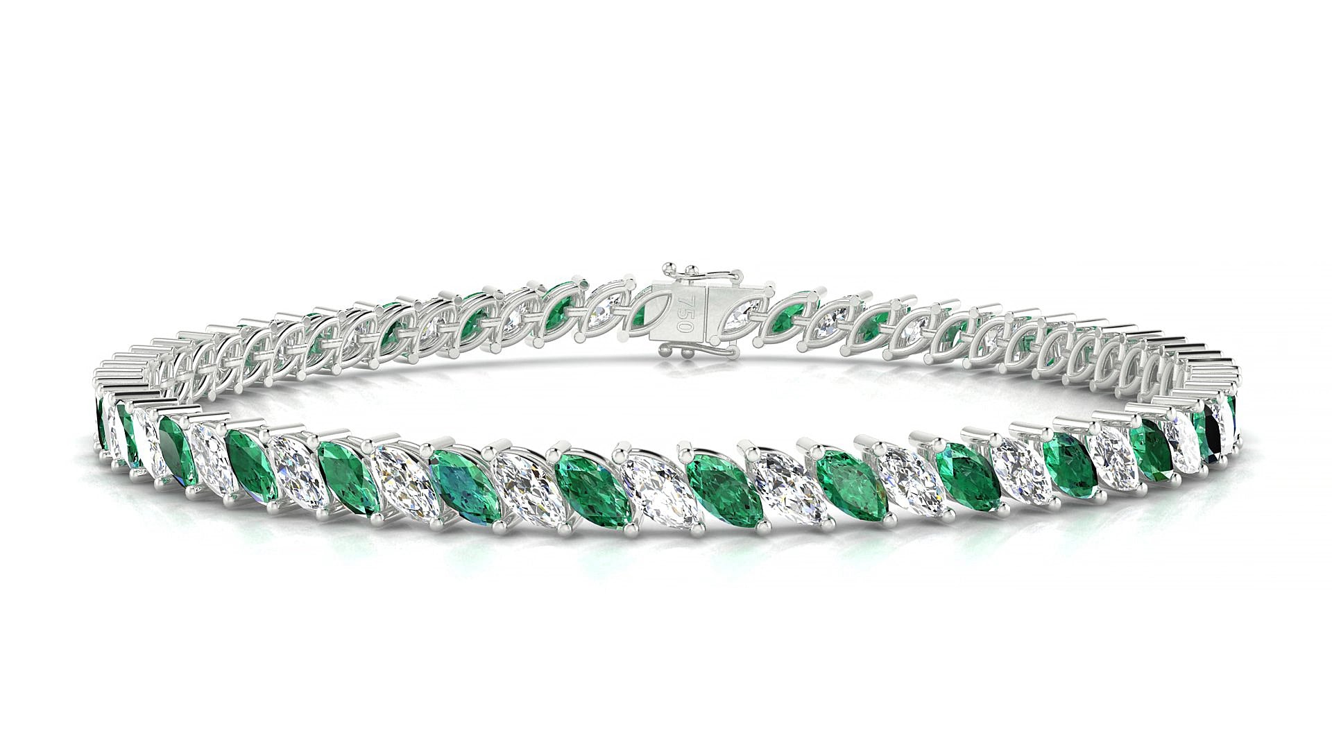Venezia 1-1 | 18k White Gold 5 x 2.5 mm Marquise Natural Emerald & Diamond 15 cm Tennis Bracelet