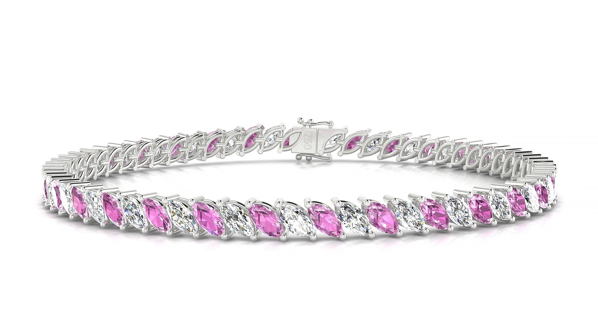 Venezia 1-1 | 18k White Gold 5 x 2.5 mm Marquise Natural Pink Sapphire & Diamond 17 cm Tennis Bracelet