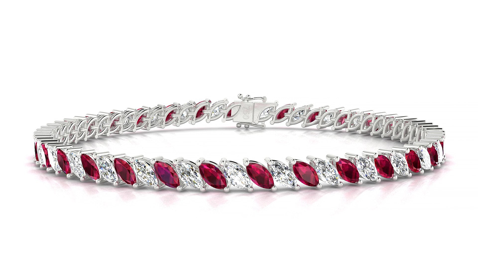 Venezia 1-1 | 18k White Gold 5 x 2.5 mm Marquise Natural Ruby & Diamond 16 cm Tennis Bracelet