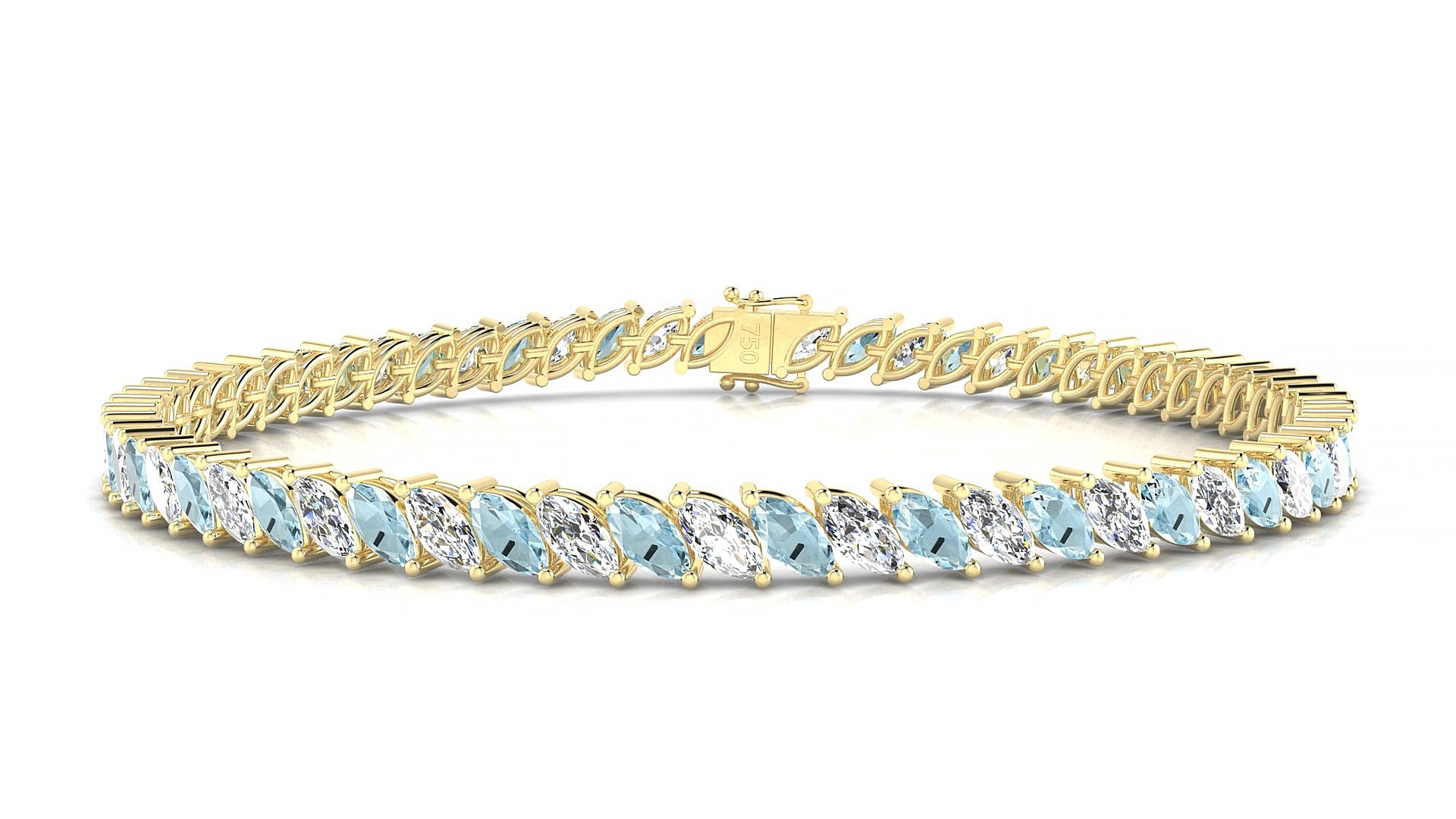 Venezia 1-1 | 18k Yellow Gold 5 x 2.5 mm Marquise Natural Aquamarine & Diamond 18 cm Tennis Bracelet