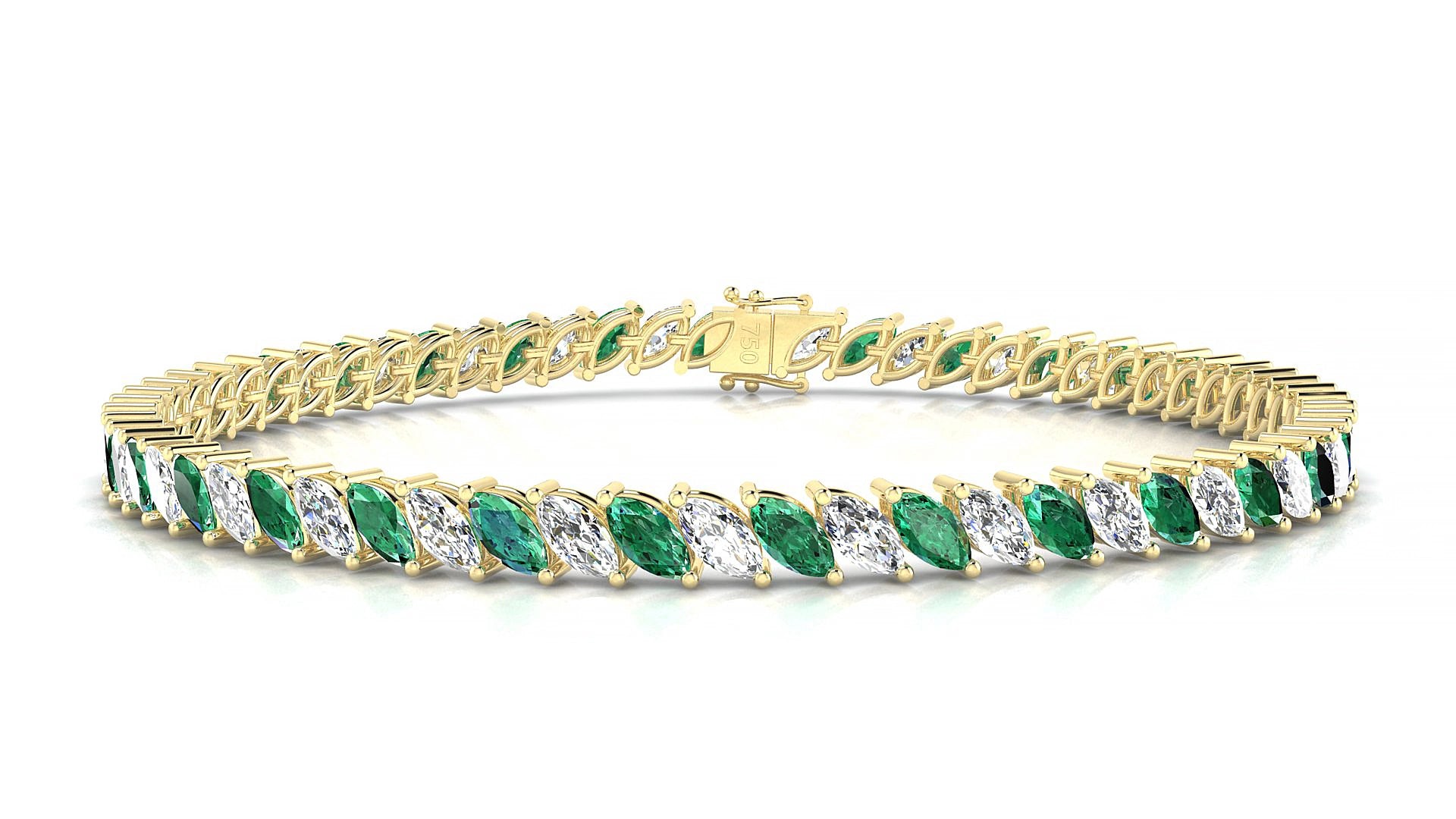 Venezia 1-1 | 18k Yellow Gold 5 x 2.5 mm Marquise Natural Emerald & Diamond 16 cm Tennis Bracelet