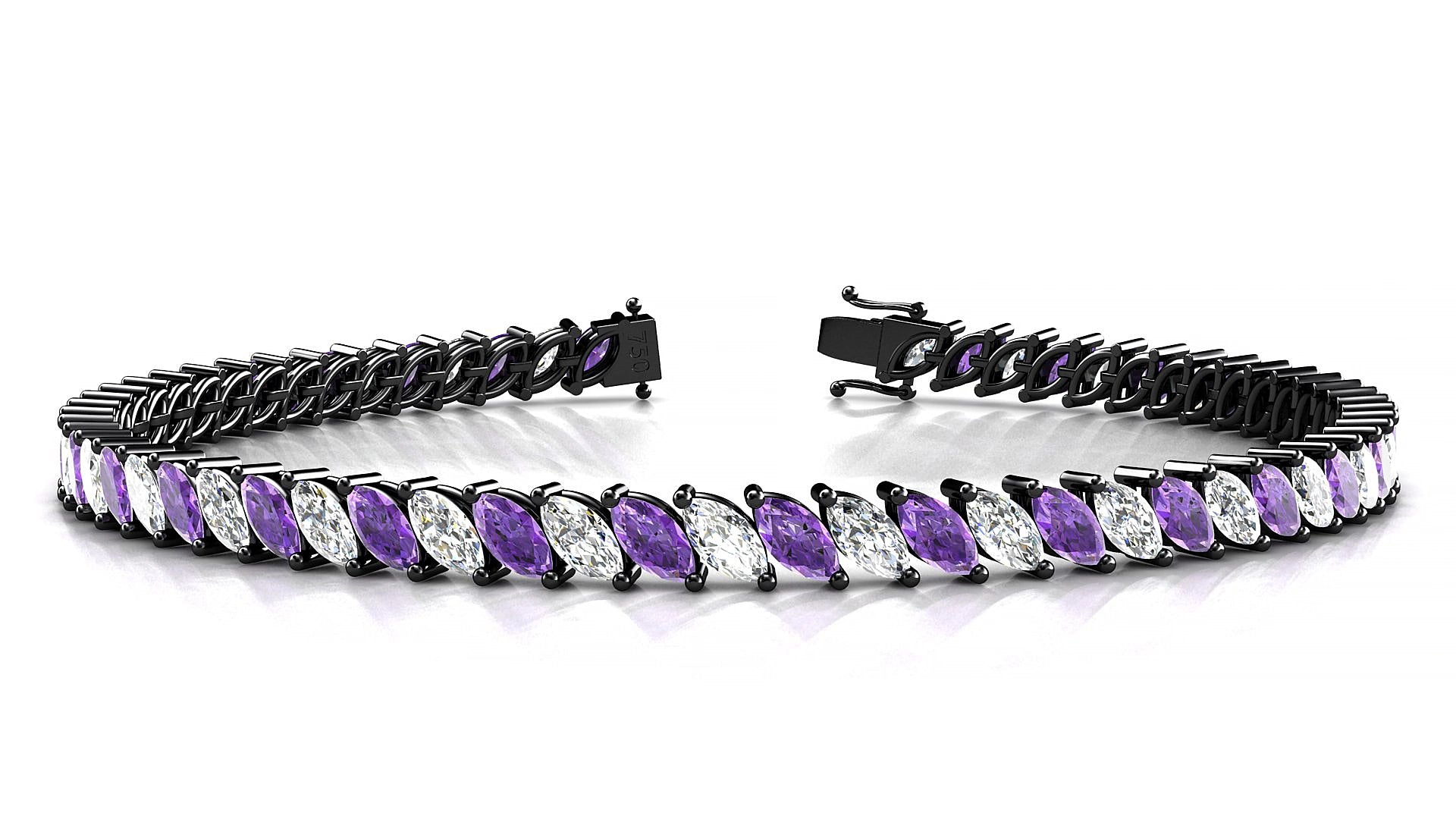 Venezia 1-1 | 18k Black Gold 5 x 2.5 mm Marquise Natural Amethyst & Diamond 19 cm Tennis Bracelet