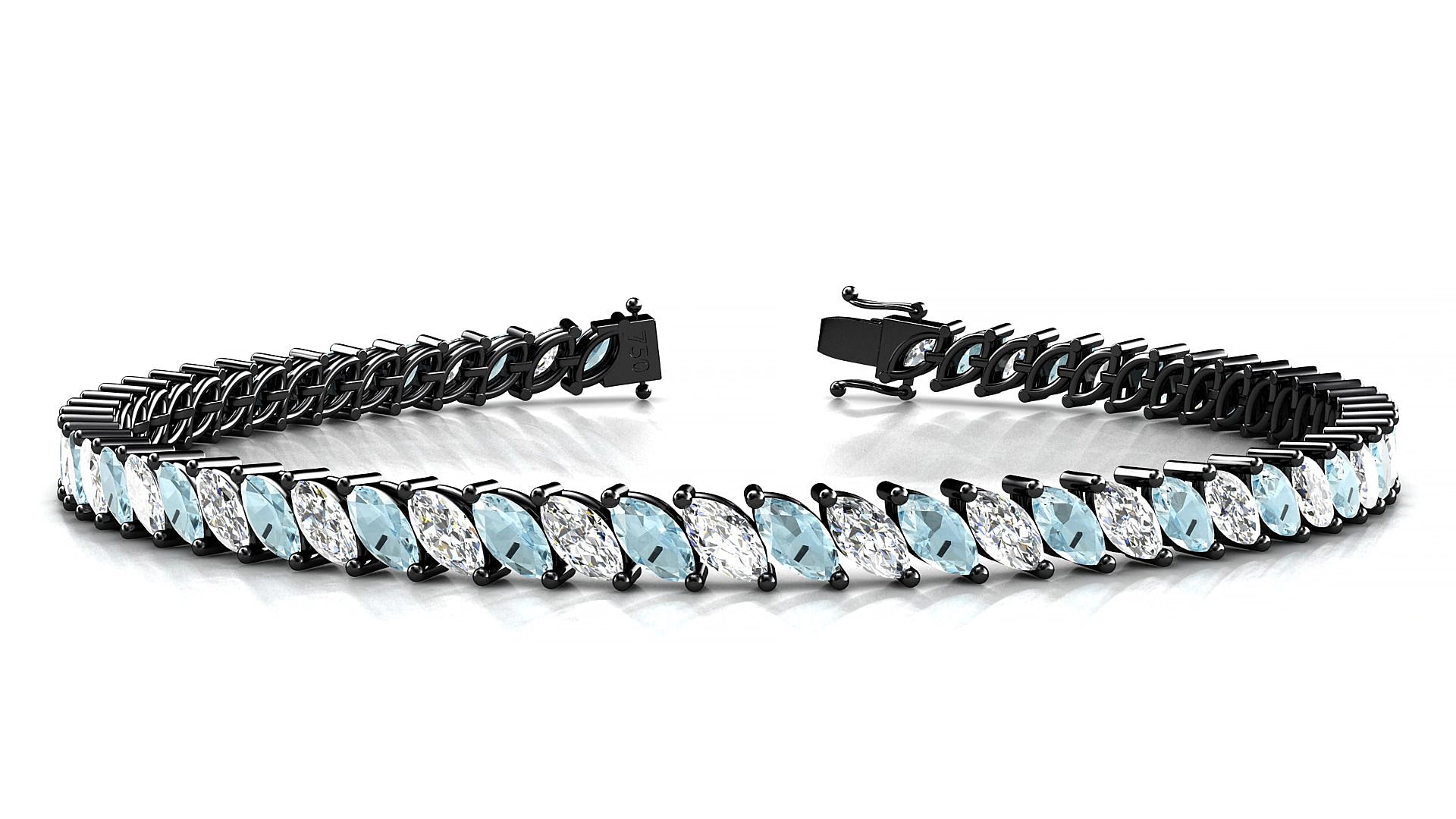 Venezia 1-1 | 18k Black Gold 5 x 2.5 mm Marquise Natural Aquamarine & Diamond 20 cm Tennis Bracelet