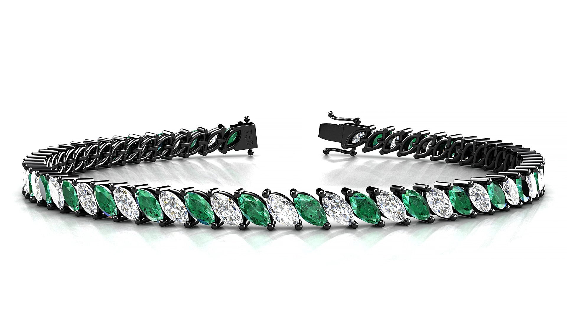 Venezia 1-1 | 18k Black Gold 5 x 2.5 mm Marquise Natural Emerald & Diamond 15 cm Tennis Bracelet
