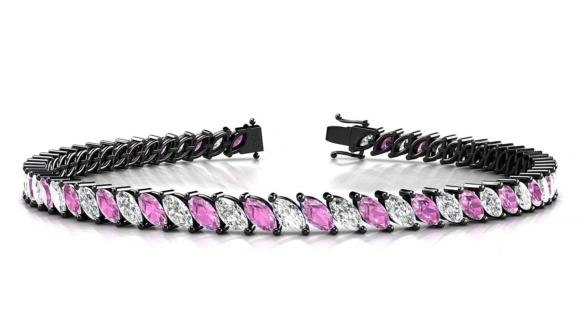Venezia 1-1 | 18k Black Gold 5 x 2.5 mm Marquise Natural Pink Sapphire & Diamond 15 cm Tennis Bracelet