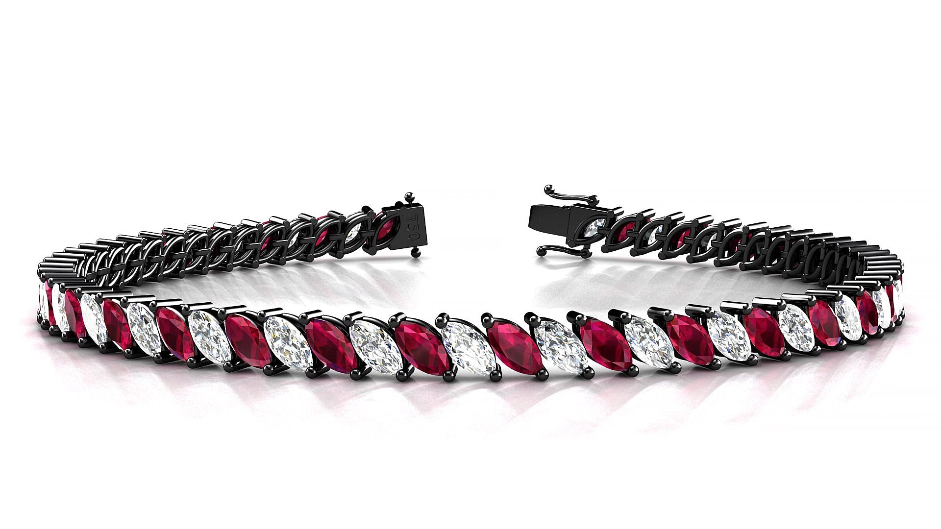 Venezia 1-1 | 18k Black Gold 5 x 2.5 mm Marquise Natural Ruby & Diamond 15 cm Tennis Bracelet
