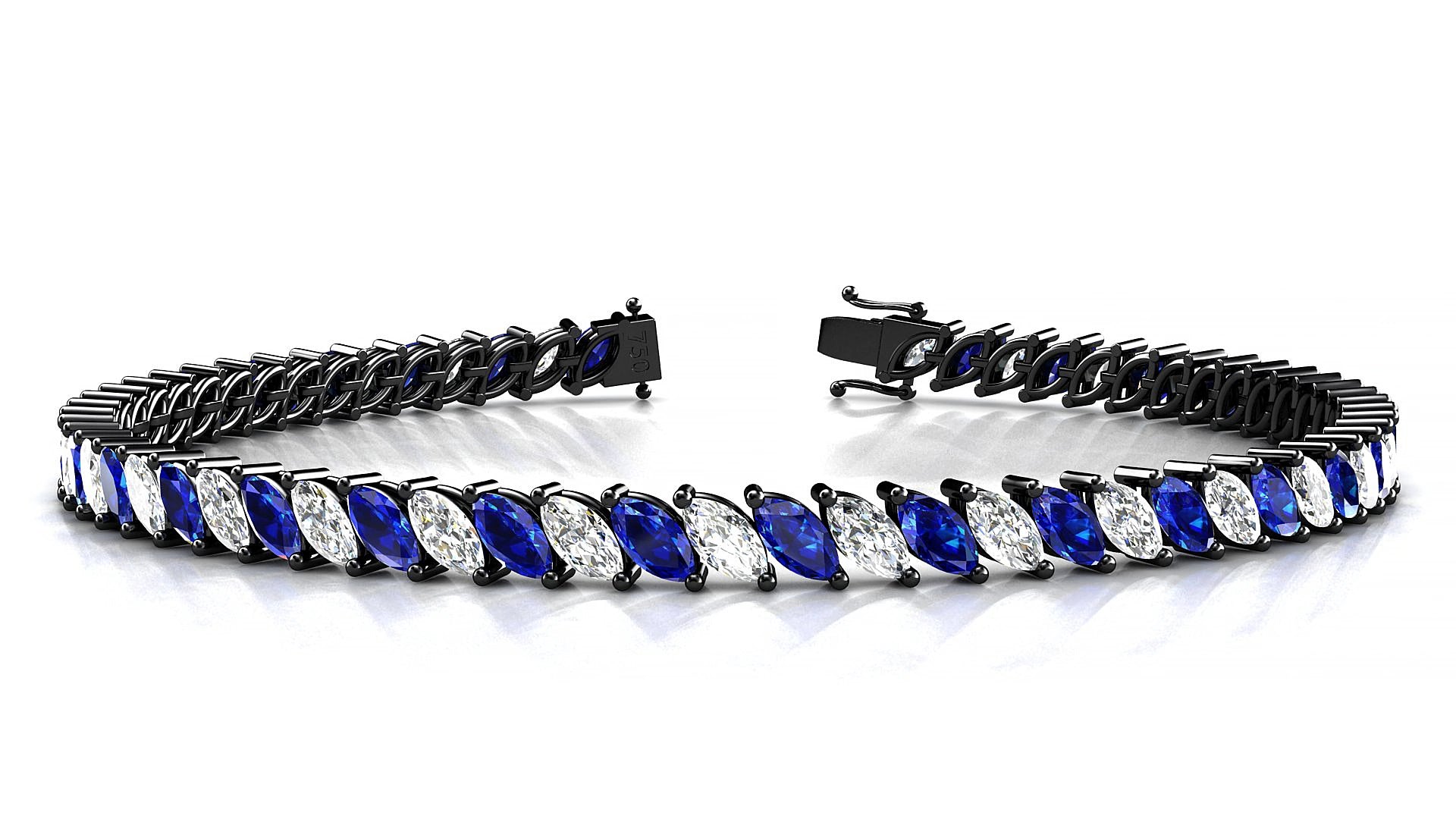 Venezia 1-1 | 18k Black Gold 5 x 2.5 mm Marquise Natural Sapphire & Diamond 16 cm Tennis Bracelet