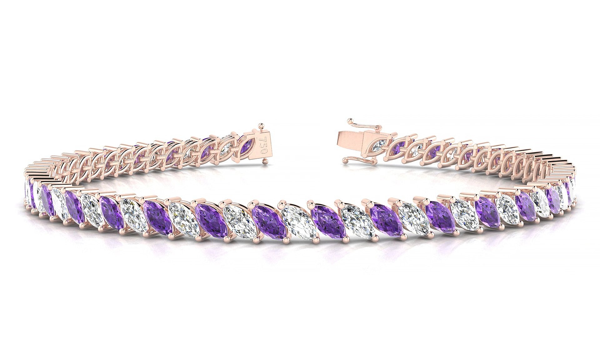 Venezia 1-1 | 18k Rose Gold 5 x 2.5 mm Marquise Natural Amethyst & Diamond 16 cm Tennis Bracelet