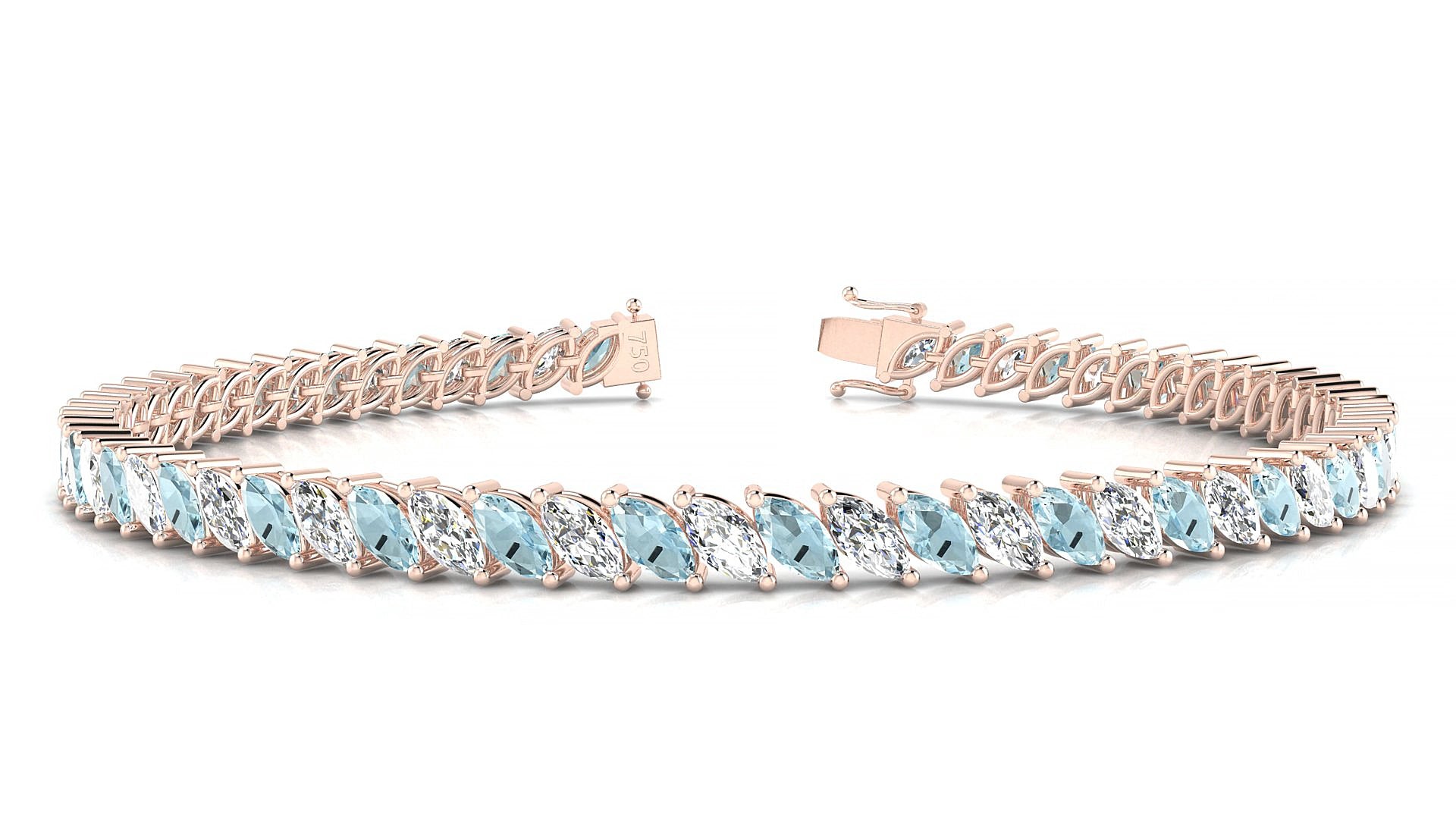 Venezia 1-1 | 18k Rose Gold 5 x 2.5 mm Marquise Natural Aquamarine & Diamond 17 cm Tennis Bracelet