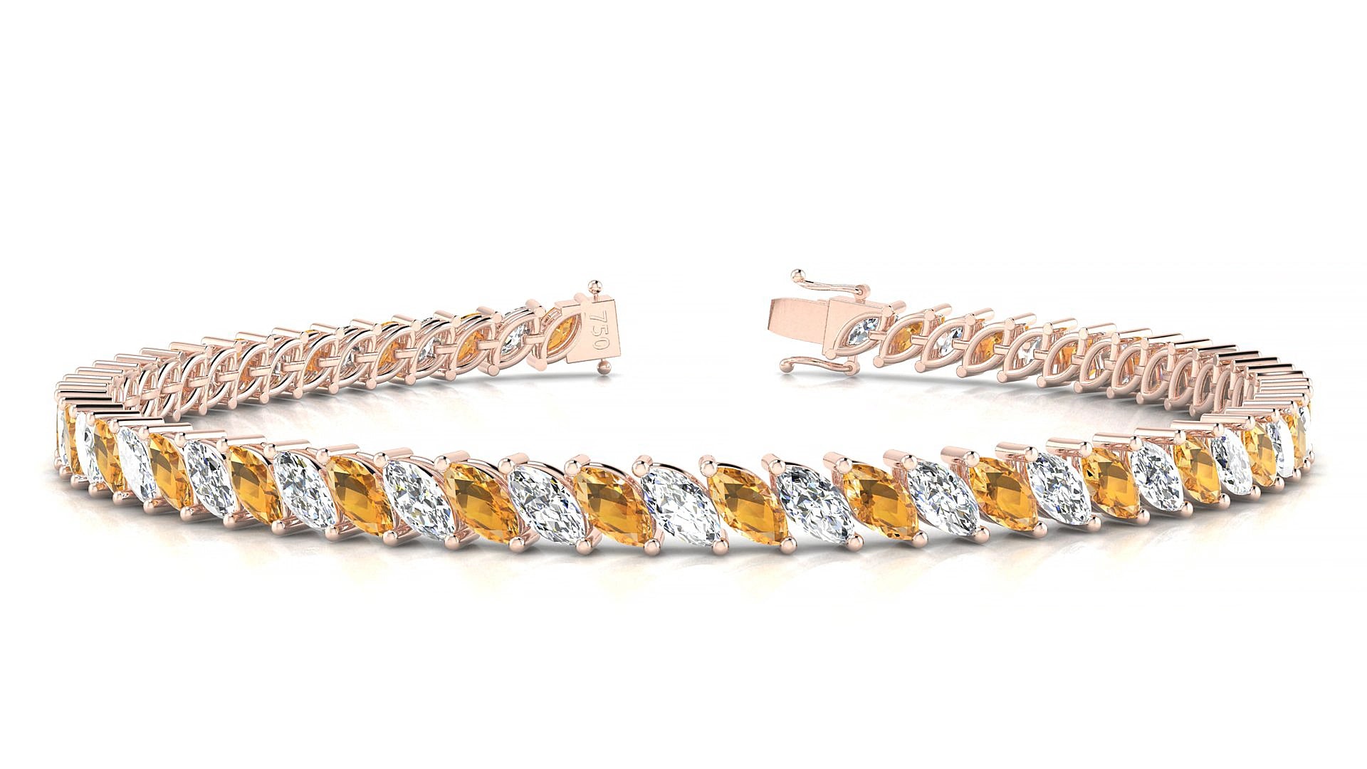 Venezia 1-1 | 18k Rose Gold 5 x 2.5 mm Marquise Natural Citrine & Diamond 16 cm Tennis Bracelet