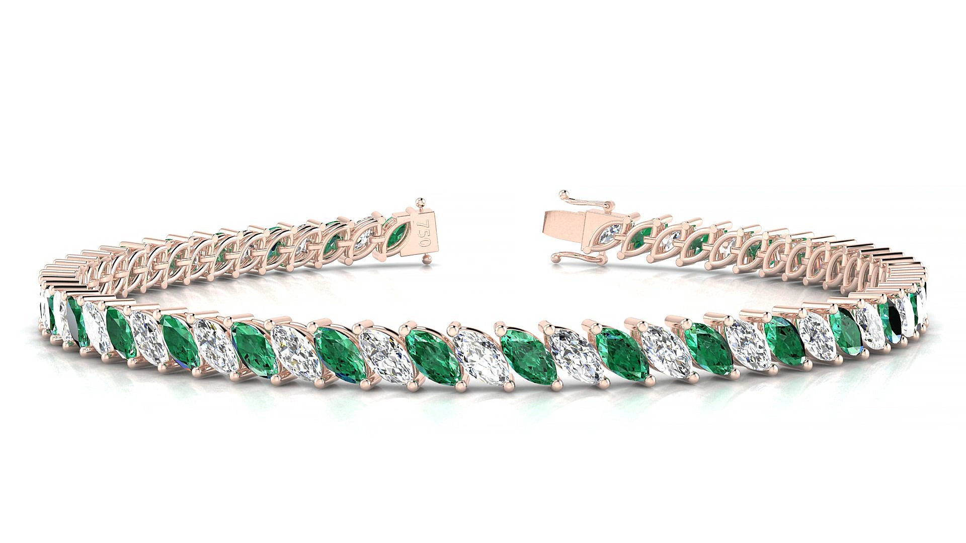 Venezia 1-1 | 18k Rose Gold 5 x 2.5 mm Marquise Natural Emerald & Diamond 17 cm Tennis Bracelet