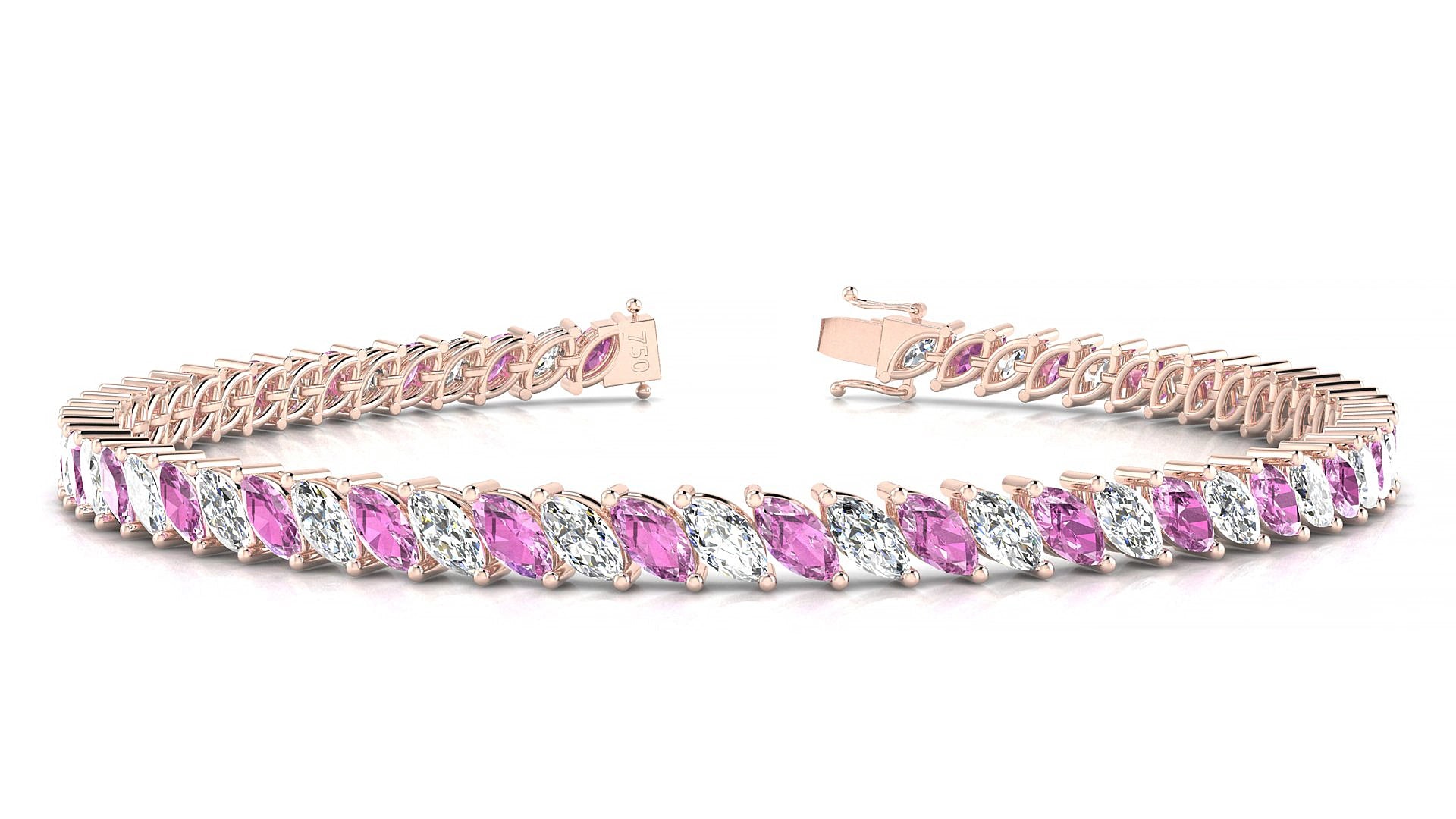 Venezia 1-1 | 18k Rose Gold 5 x 2.5 mm Marquise Natural Pink Sapphire & Diamond 20 cm Tennis Bracelet