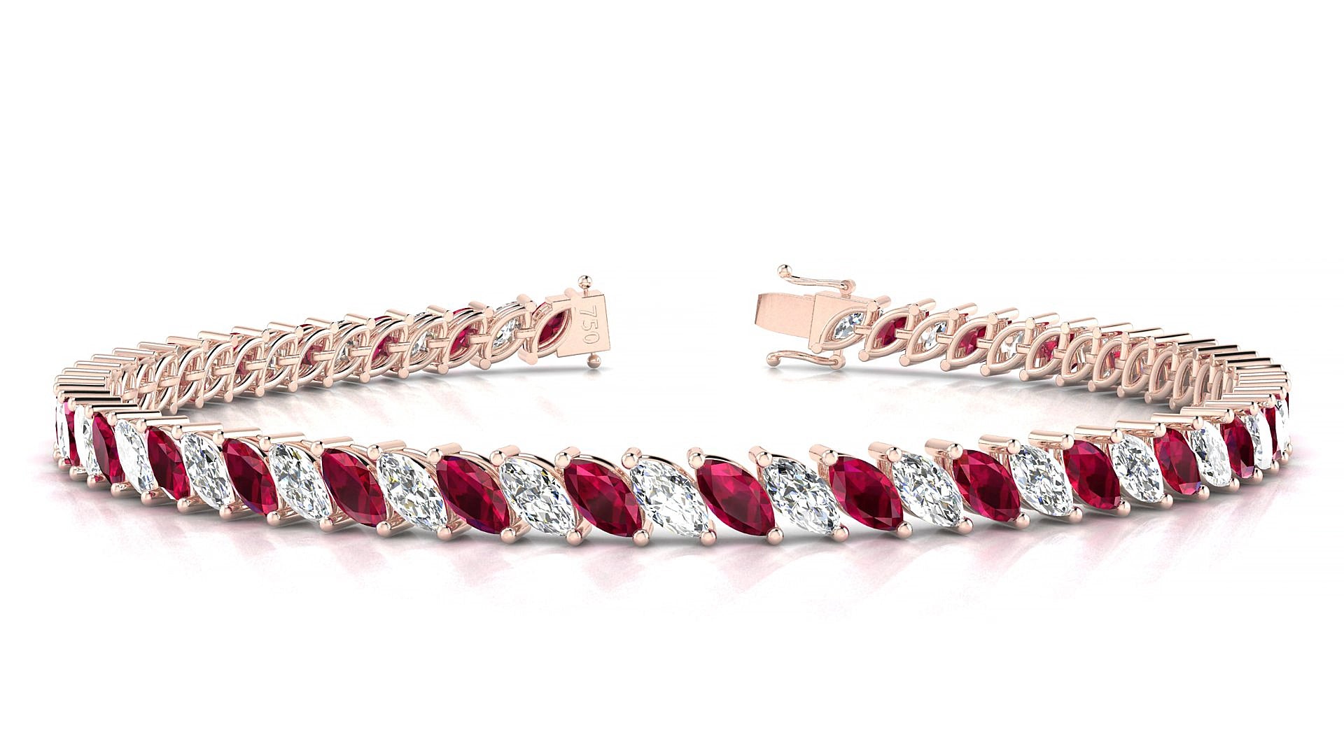 Venezia 1-1 | 18k Rose Gold 5 x 2.5 mm Marquise Natural Ruby & Diamond 16 cm Tennis Bracelet