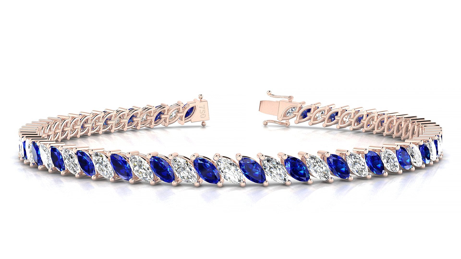 Venezia 1-1 | 18k Rose Gold 5 x 2.5 mm Marquise Natural Sapphire & Diamond 18 cm Tennis Bracelet